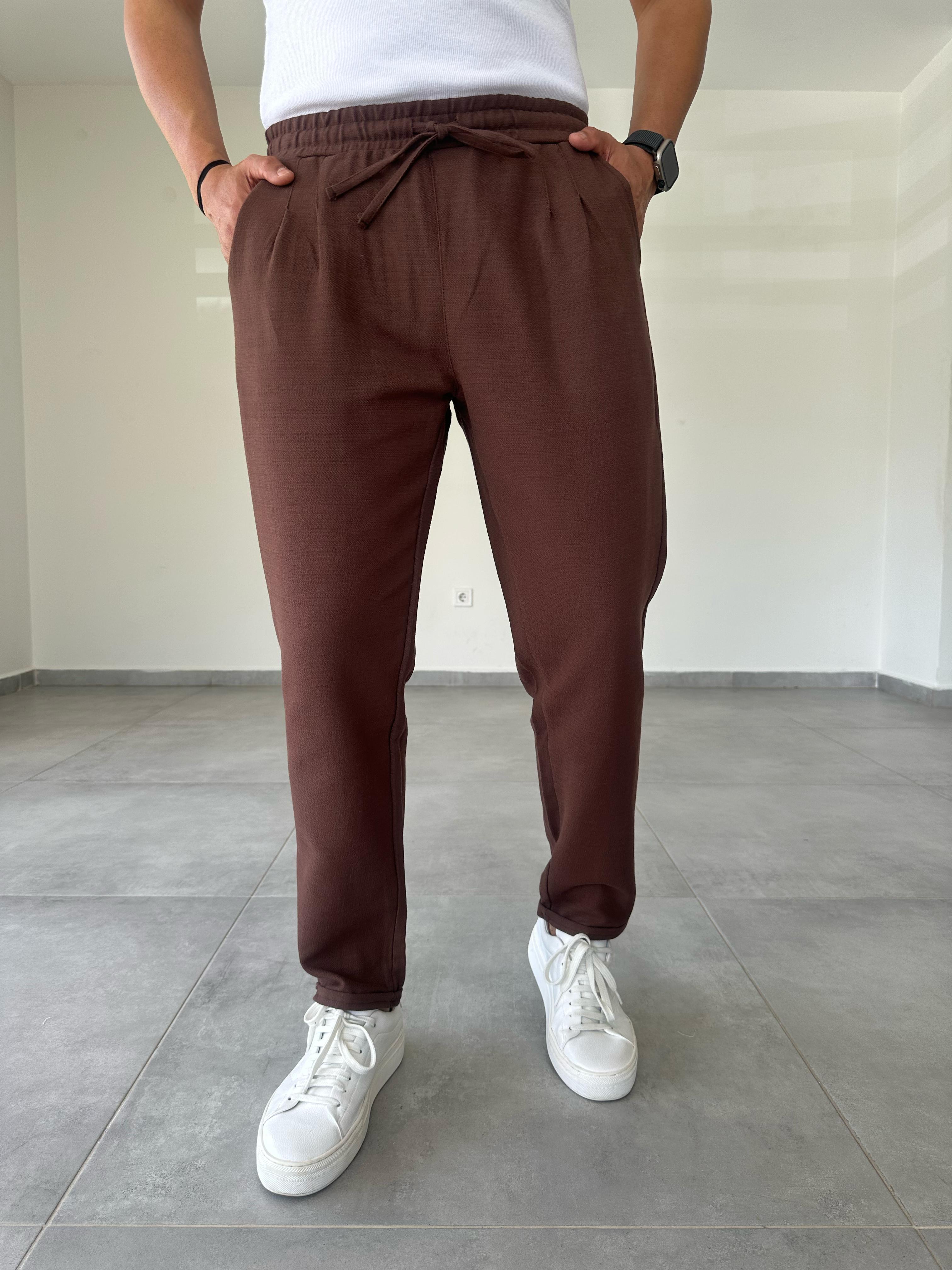 Kahve Renk Ön Kısmı Pile Detaylı Double Paça Keten Pantolon
