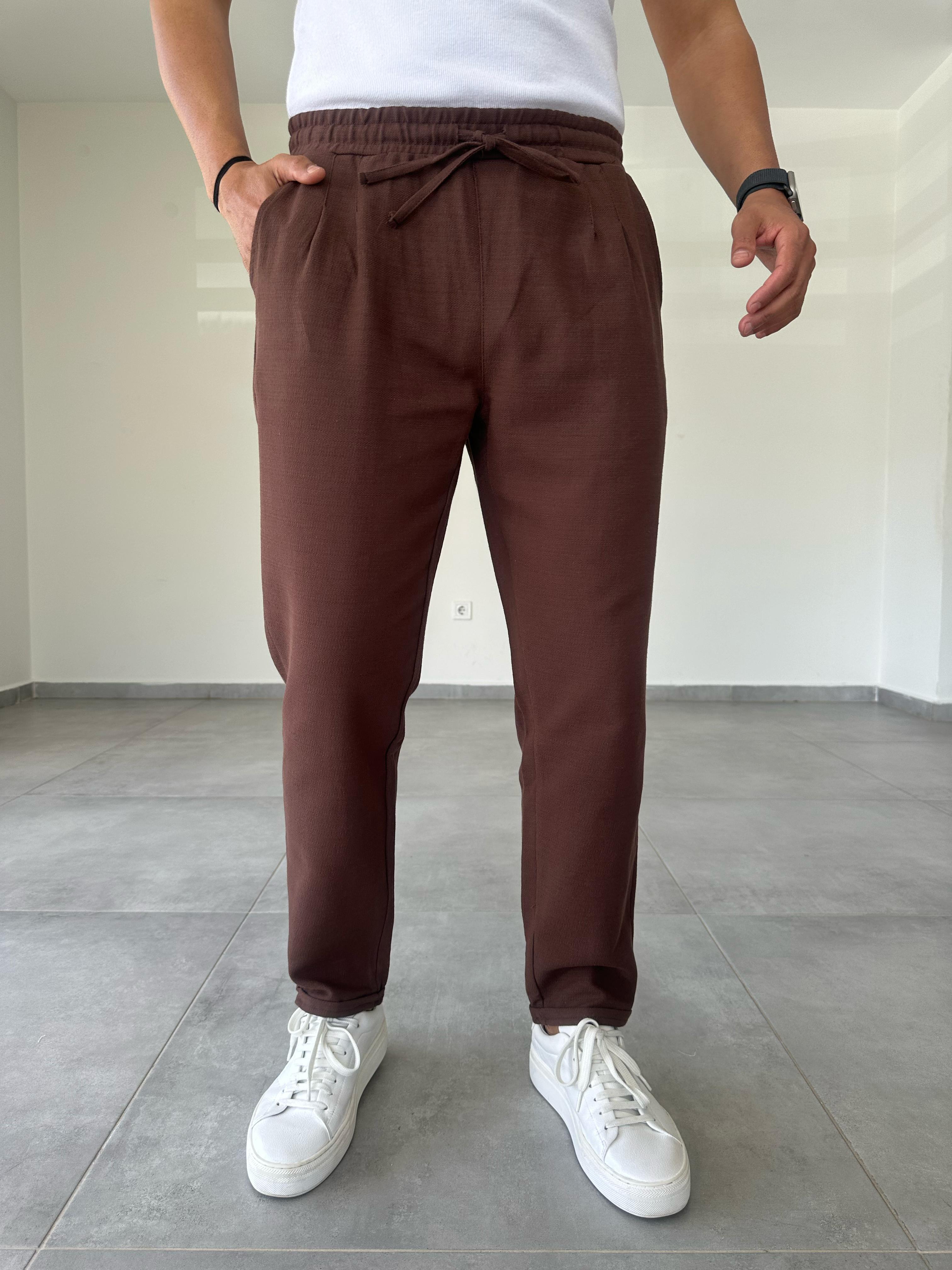 Kahve Renk Ön Kısmı Pile Detaylı Double Paça Keten Pantolon