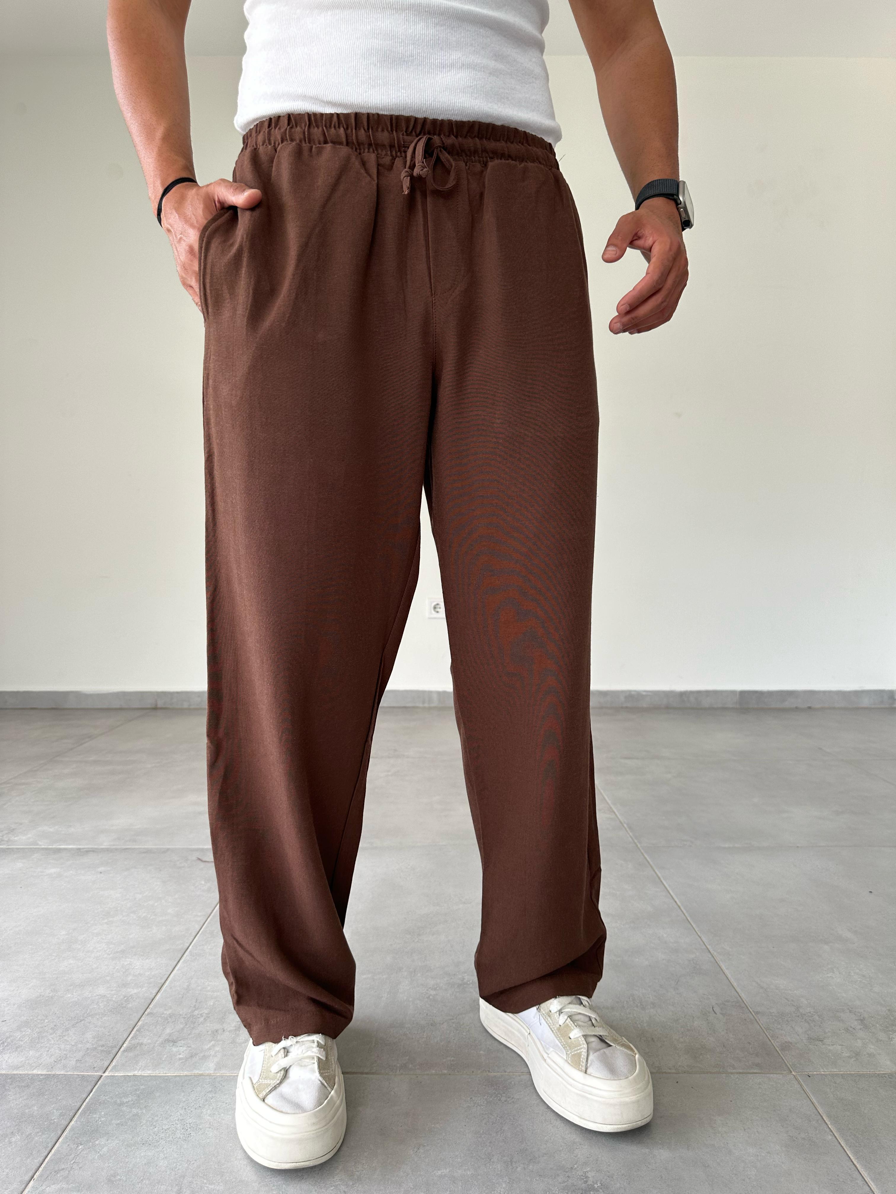 Kahve Renk Relax Fit Baggy Keten Pantolon