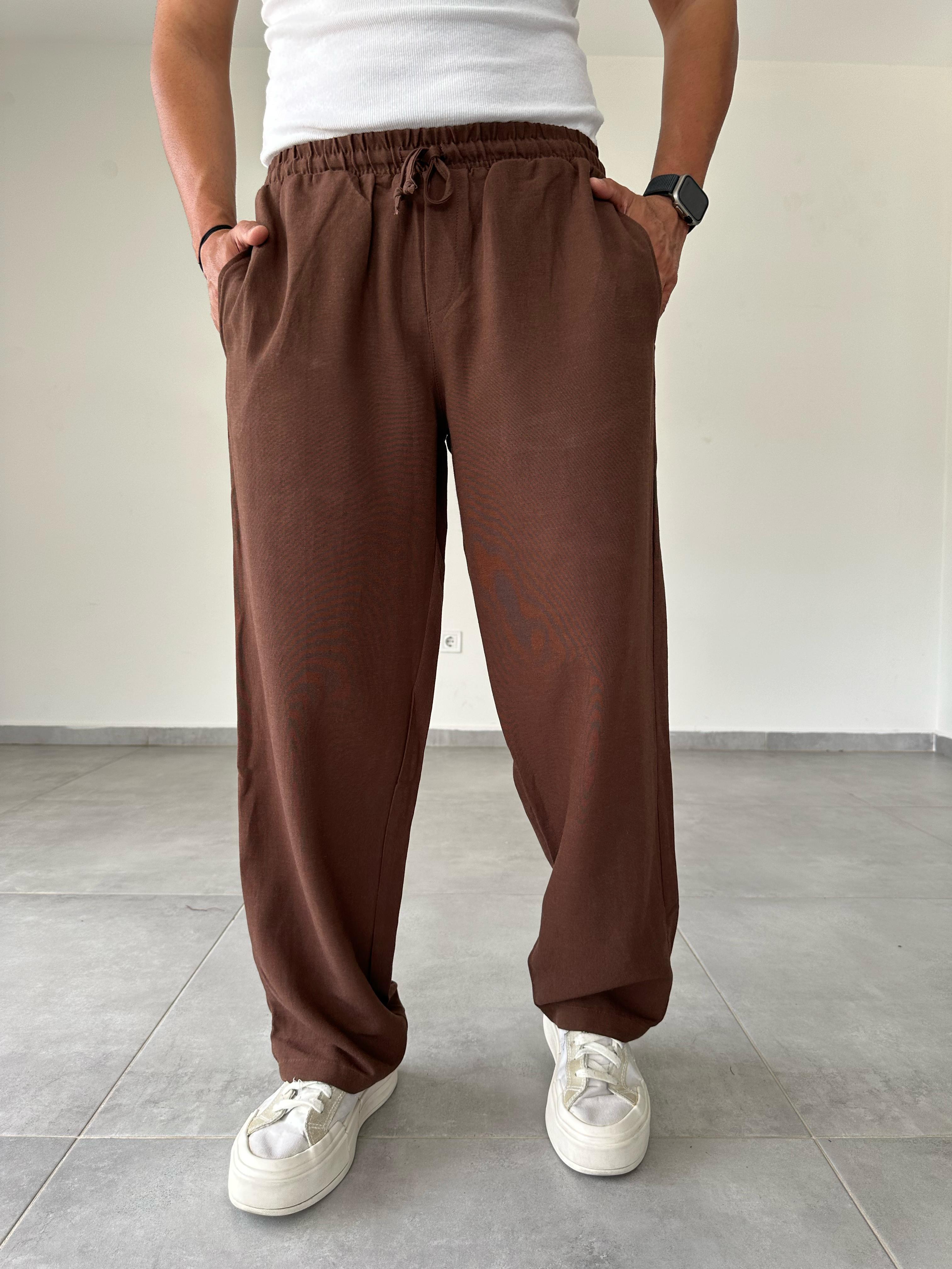 Kahve Renk Relax Fit Baggy Keten Pantolon