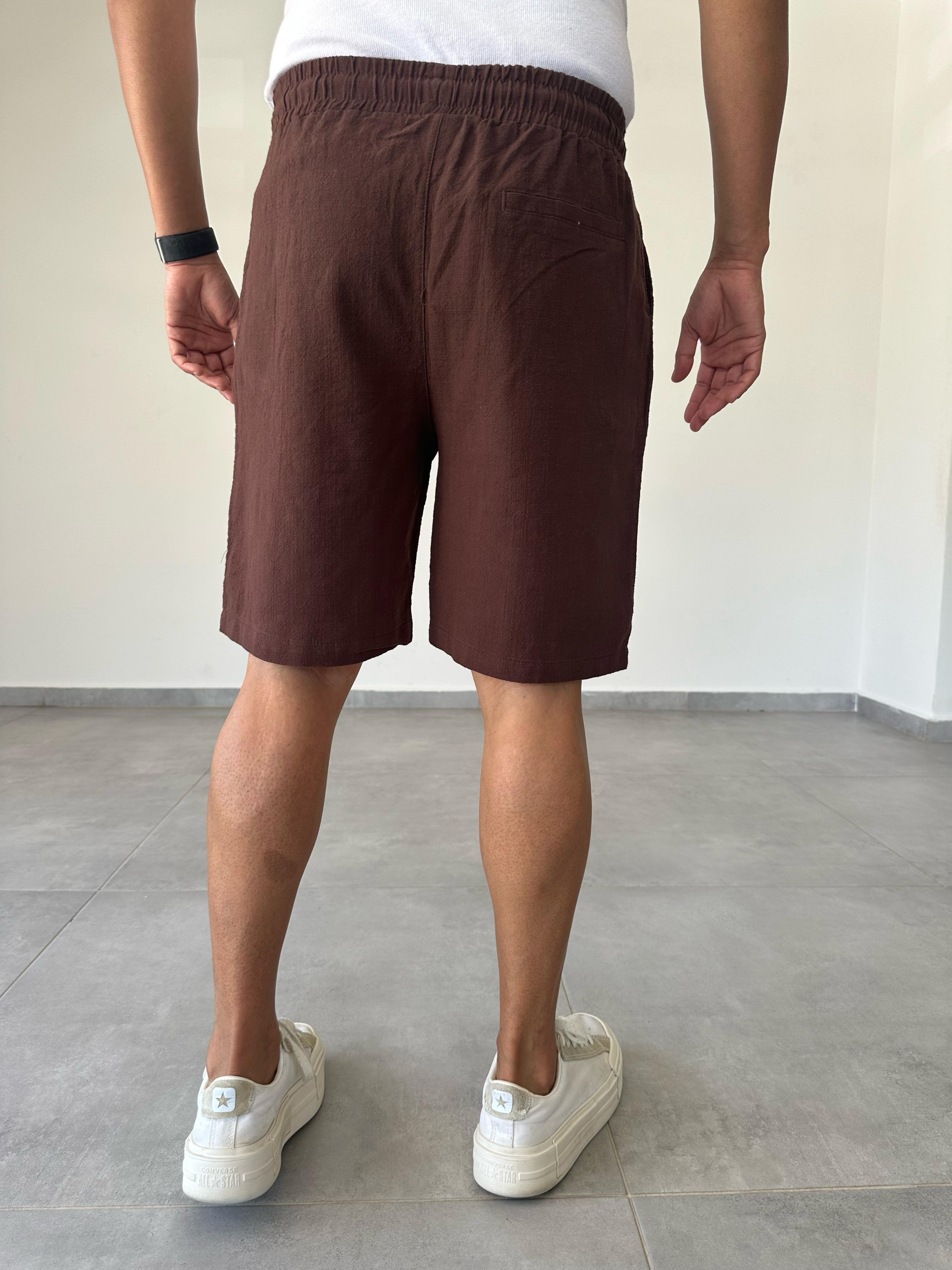 Kahve Renk Relax Fit Kesim Flamlı Keten Şort