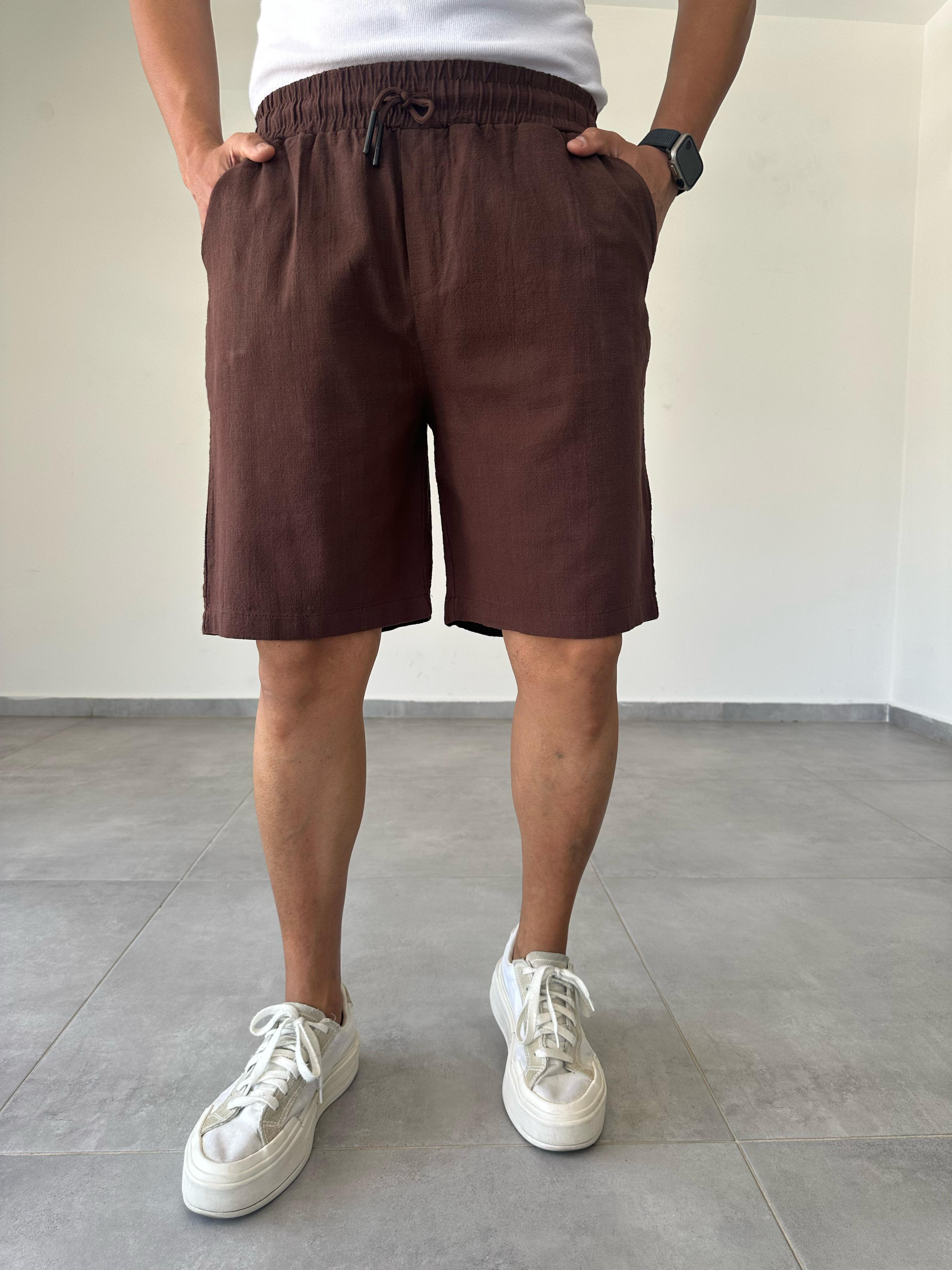 Kahve Renk Relax Fit Kesim Flamlı Keten Şort