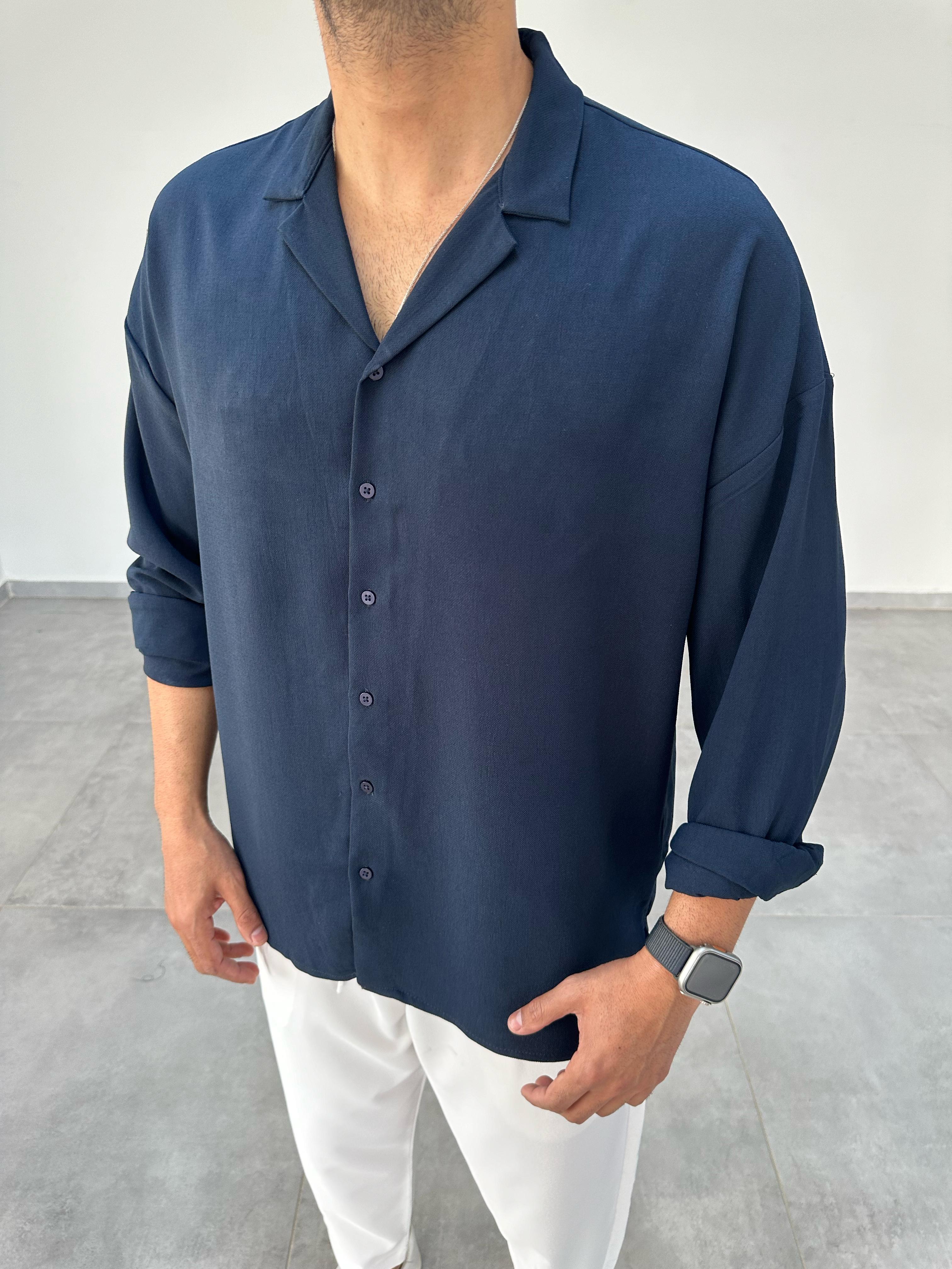 Lacivert Oversize Kesim Ayrobin Kumaş Gömlek