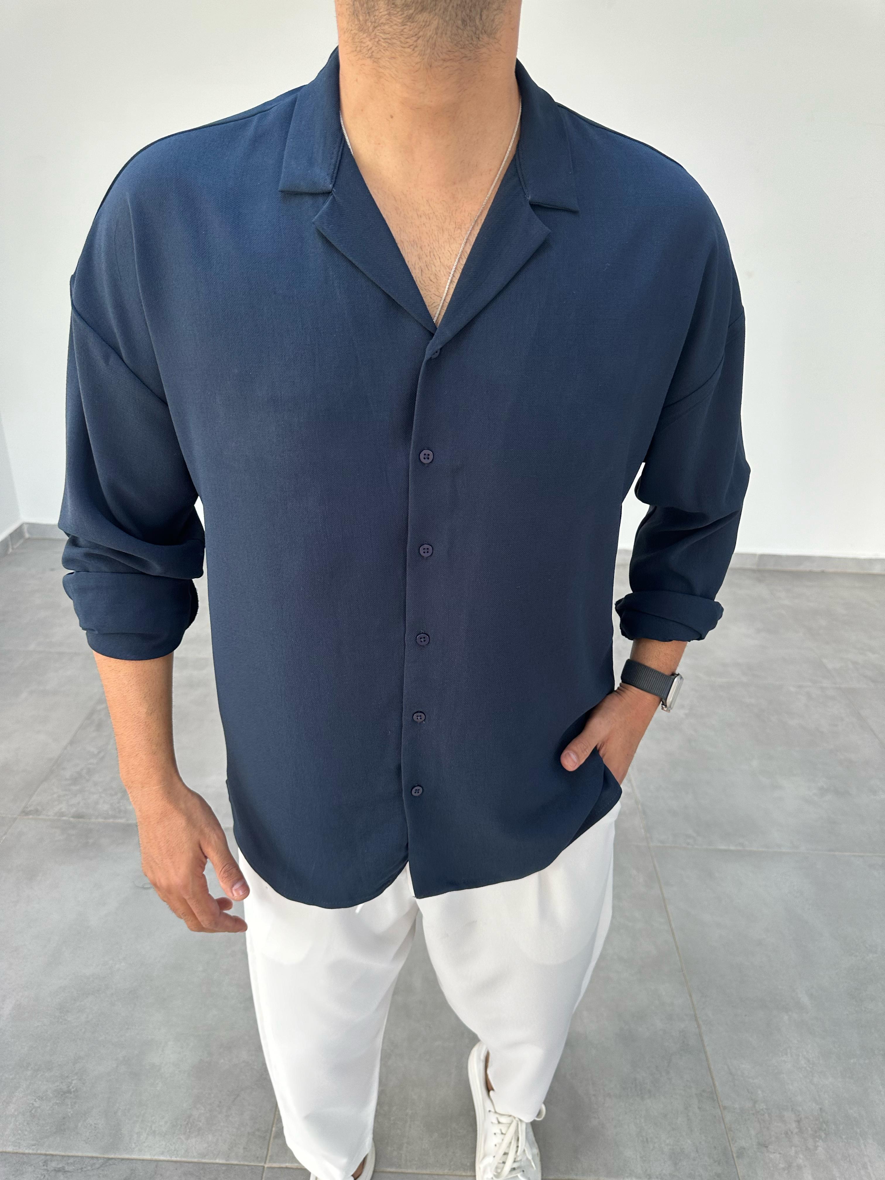 Lacivert Oversize Kesim Ayrobin Kumaş Gömlek