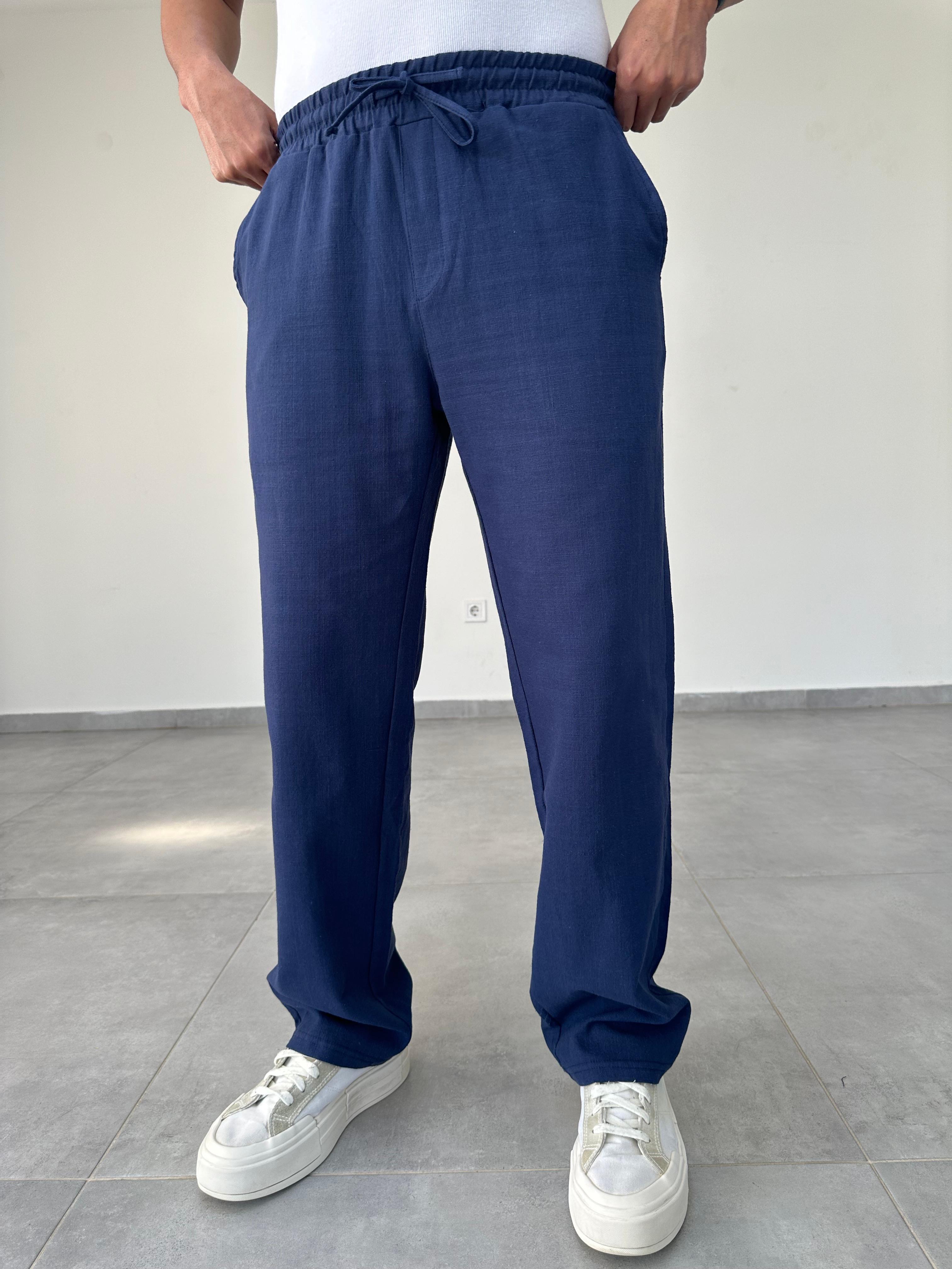 Lacivert Renk Bel Kısmı Lastikli Baggy Keten Pantolon