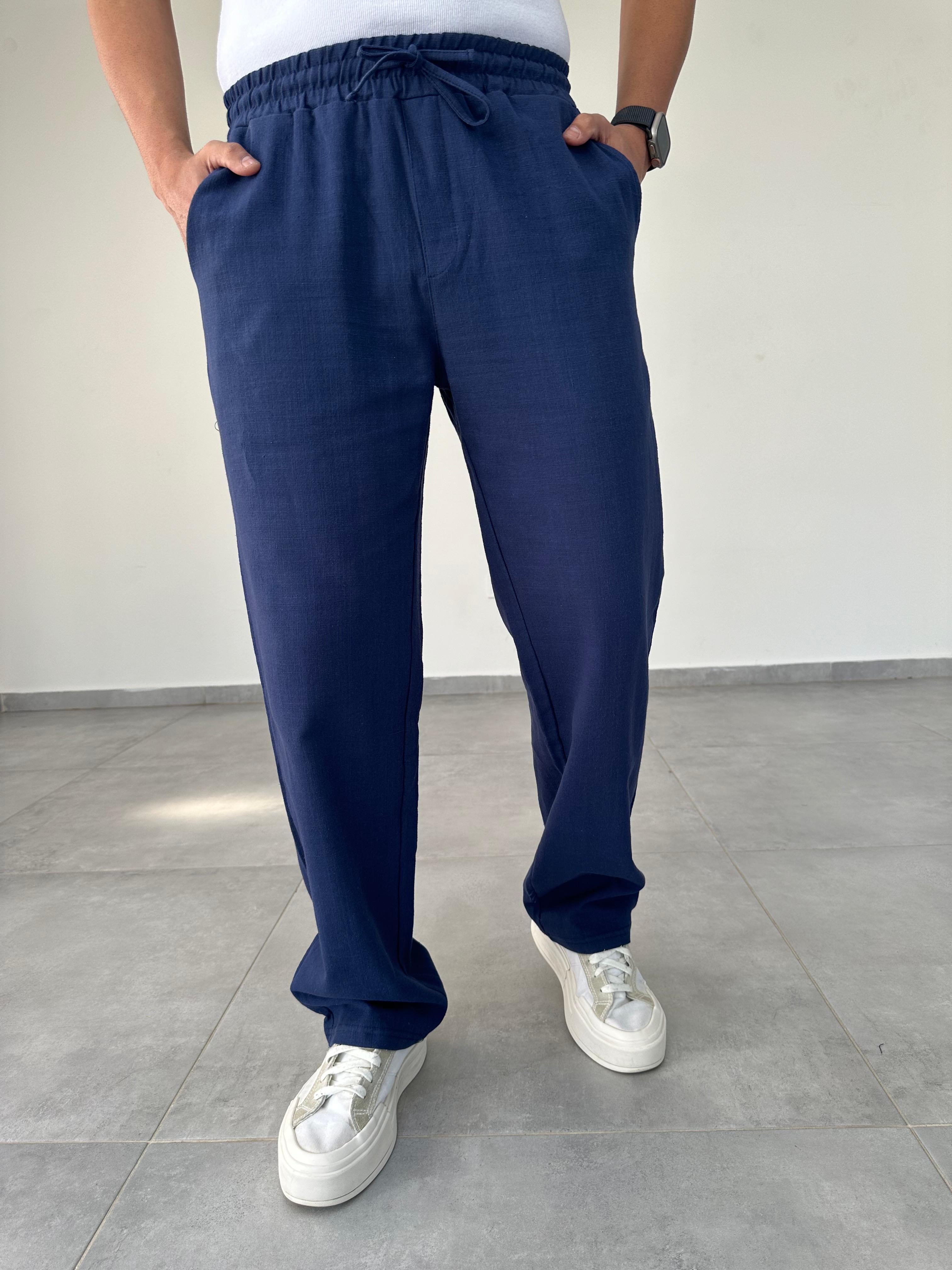 Lacivert Renk Bel Kısmı Lastikli Baggy Keten Pantolon