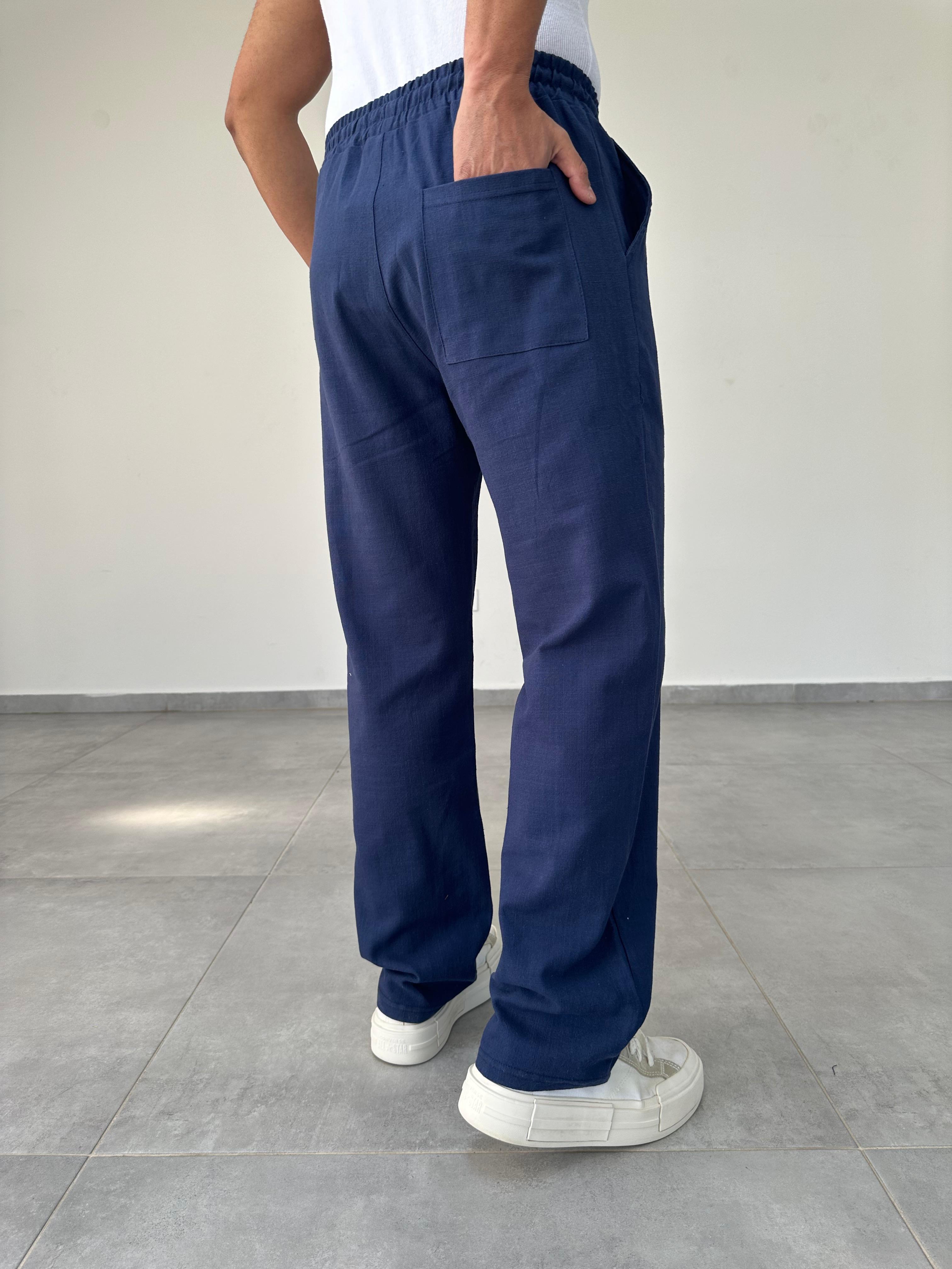 Lacivert Renk Bel Kısmı Lastikli Baggy Keten Pantolon