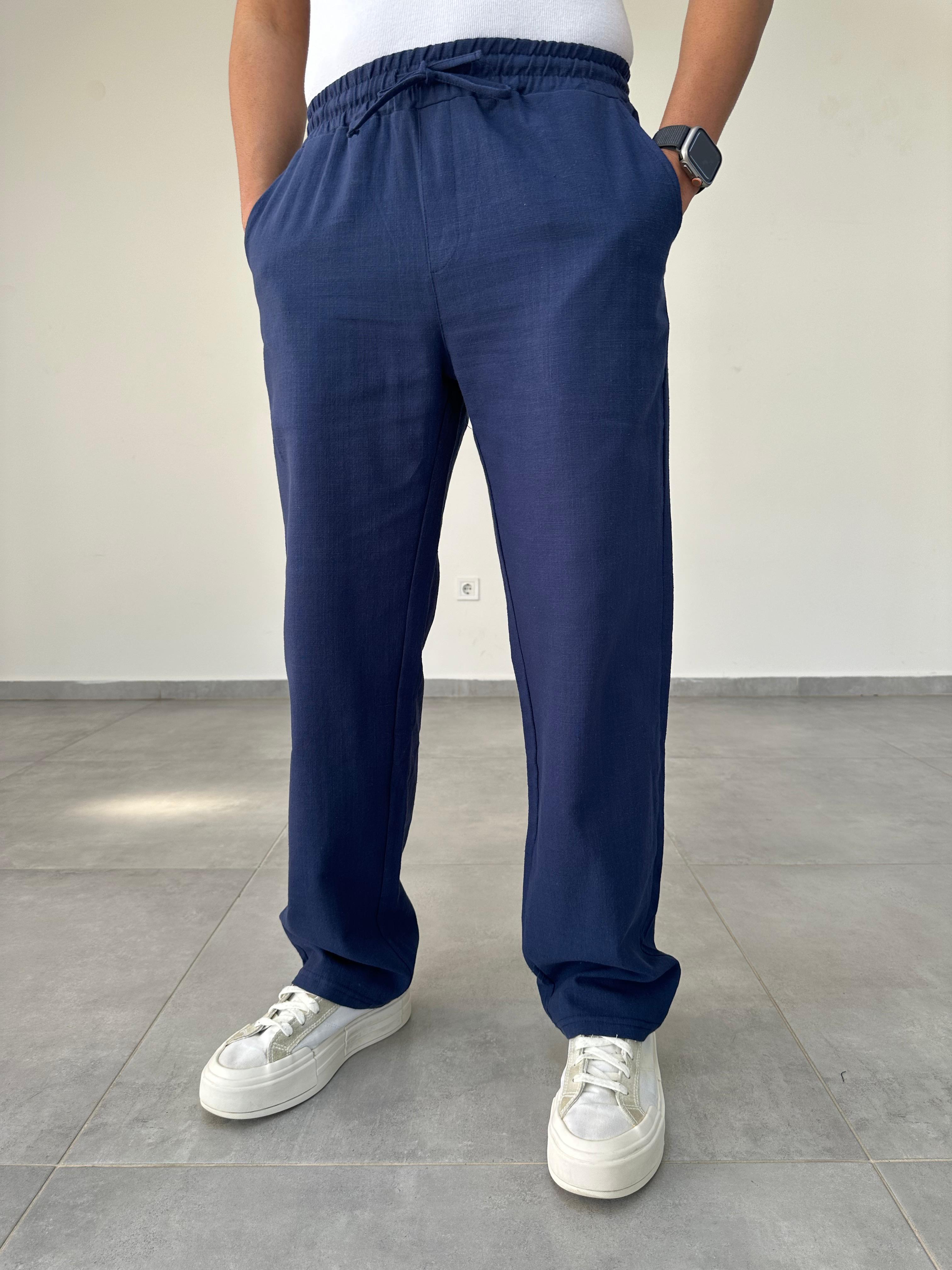 Lacivert Renk Bel Kısmı Lastikli Baggy Keten Pantolon