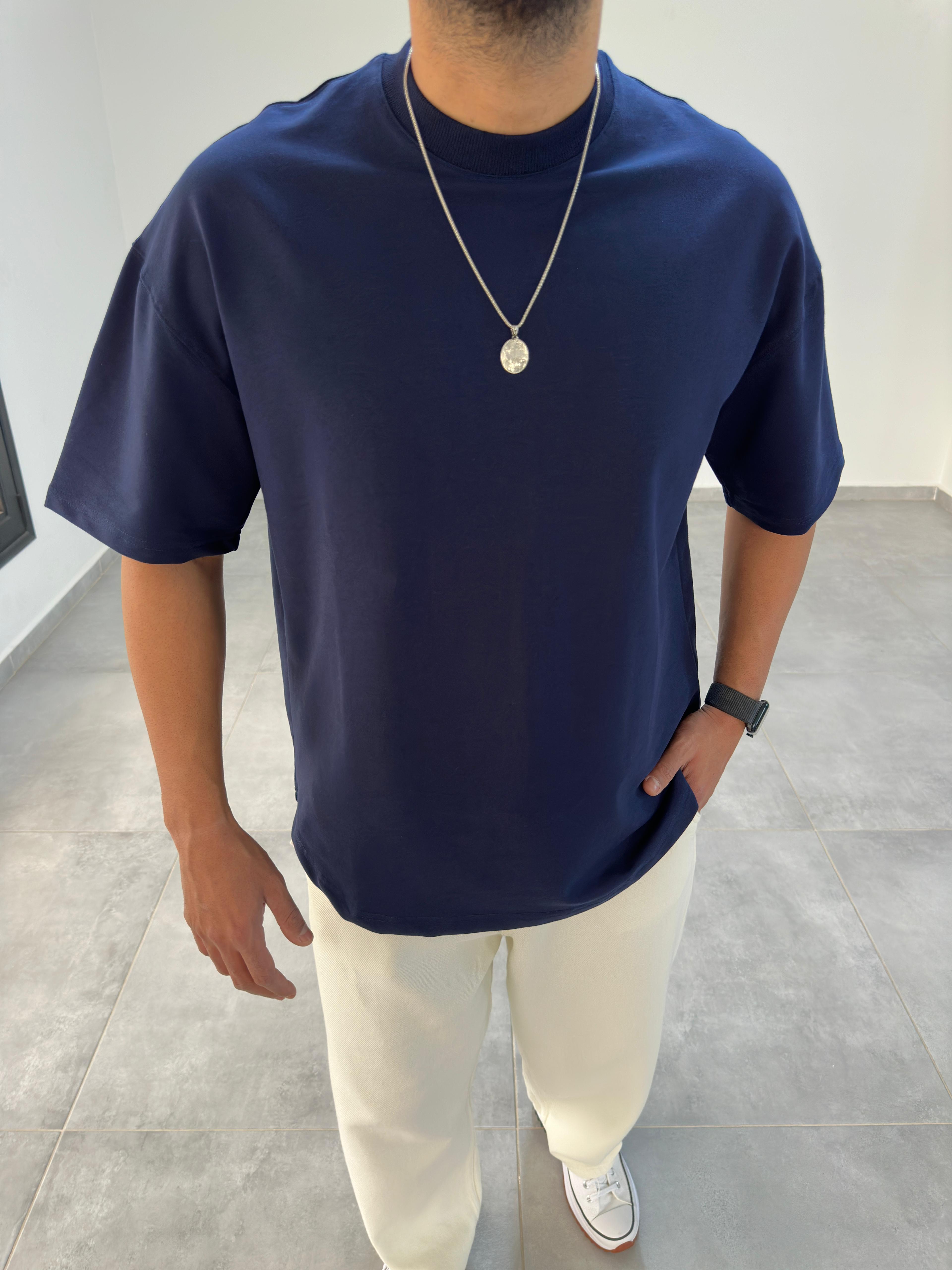 Lacivert Renk Bisiklet Yaka Oversize T-Shirt
