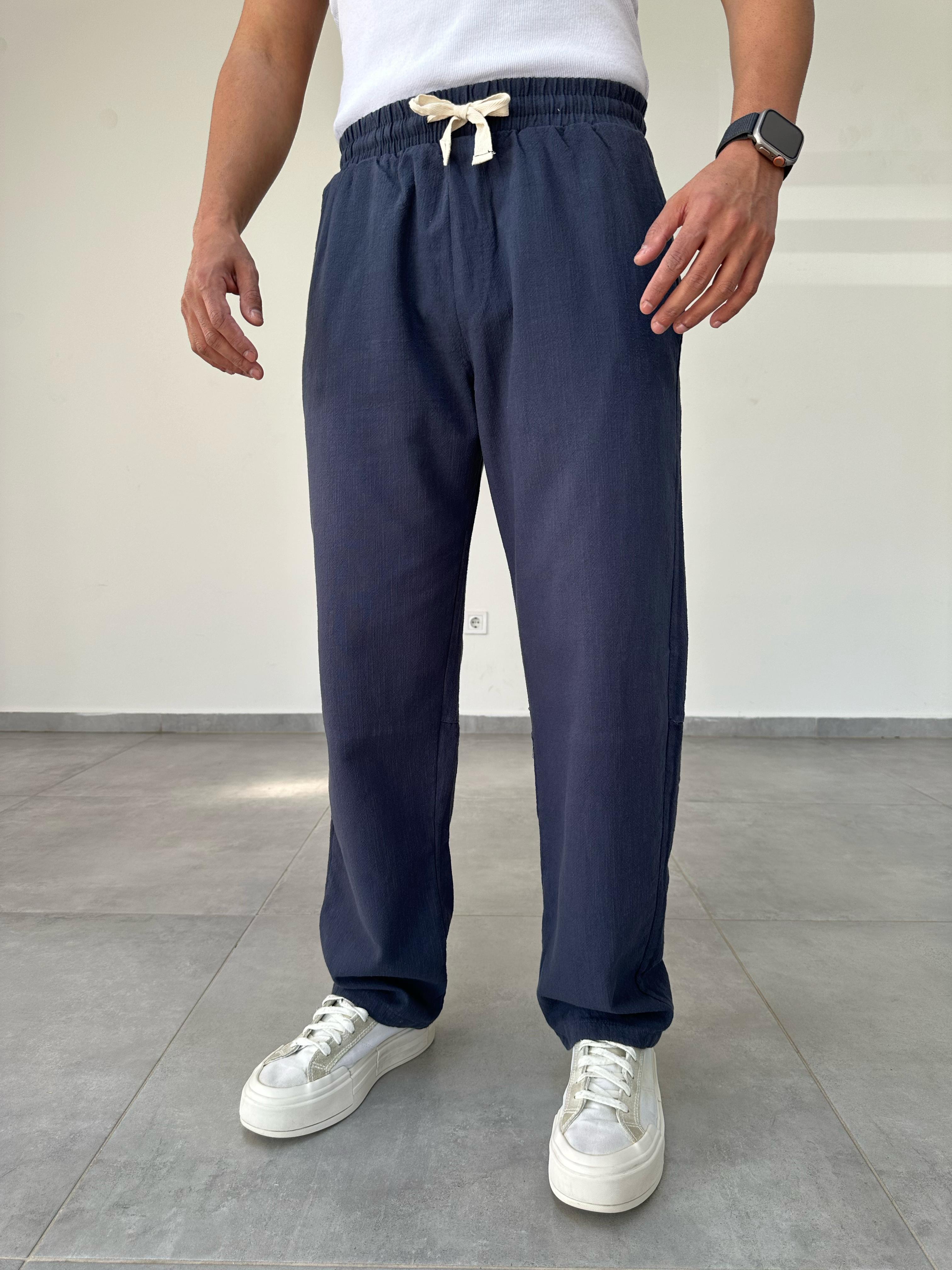 Lacivert Renk Nakış Detaylı Ham Keten Baggy Pantolon