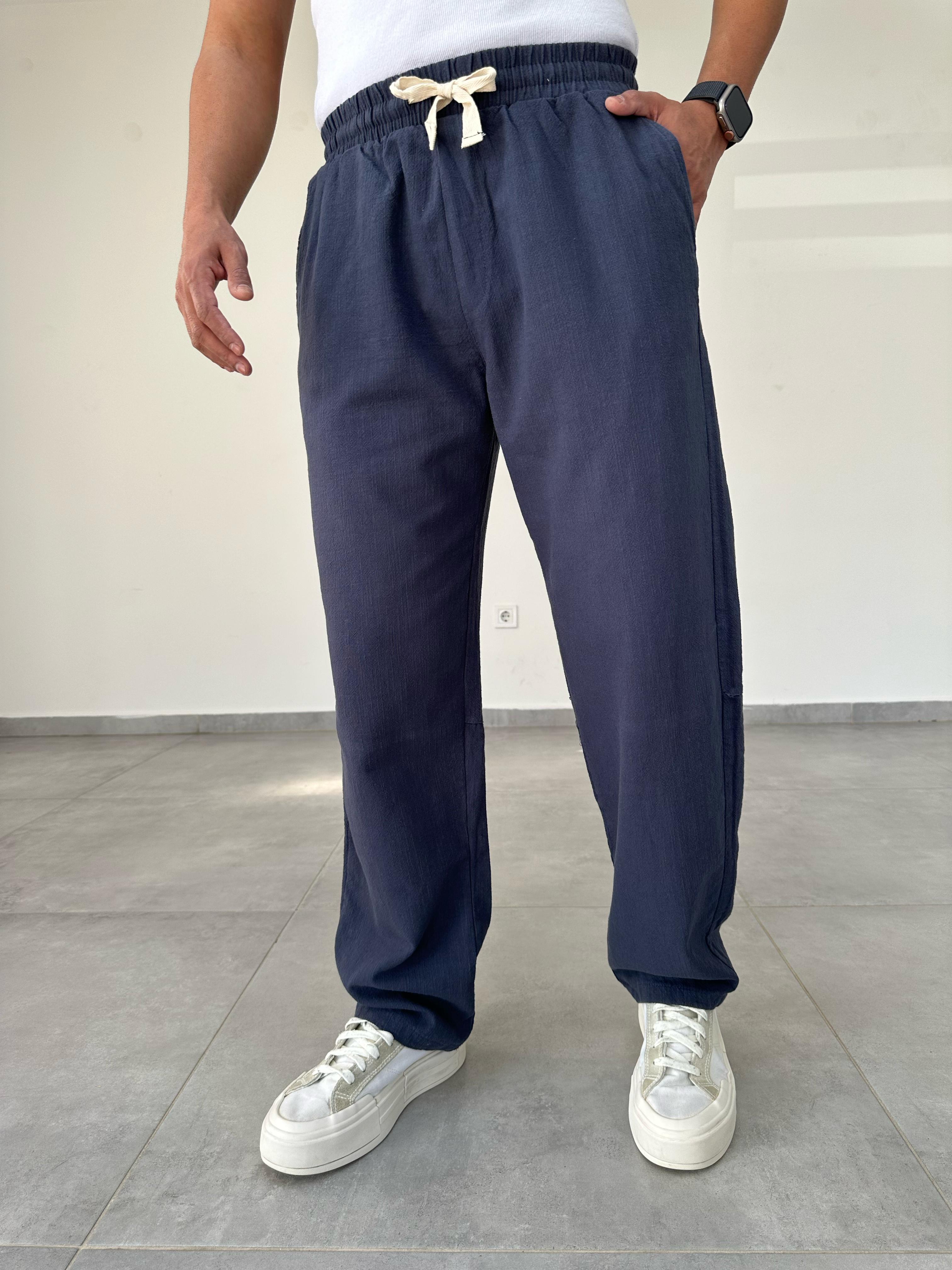 Lacivert Renk Nakış Detaylı Ham Keten Baggy Pantolon