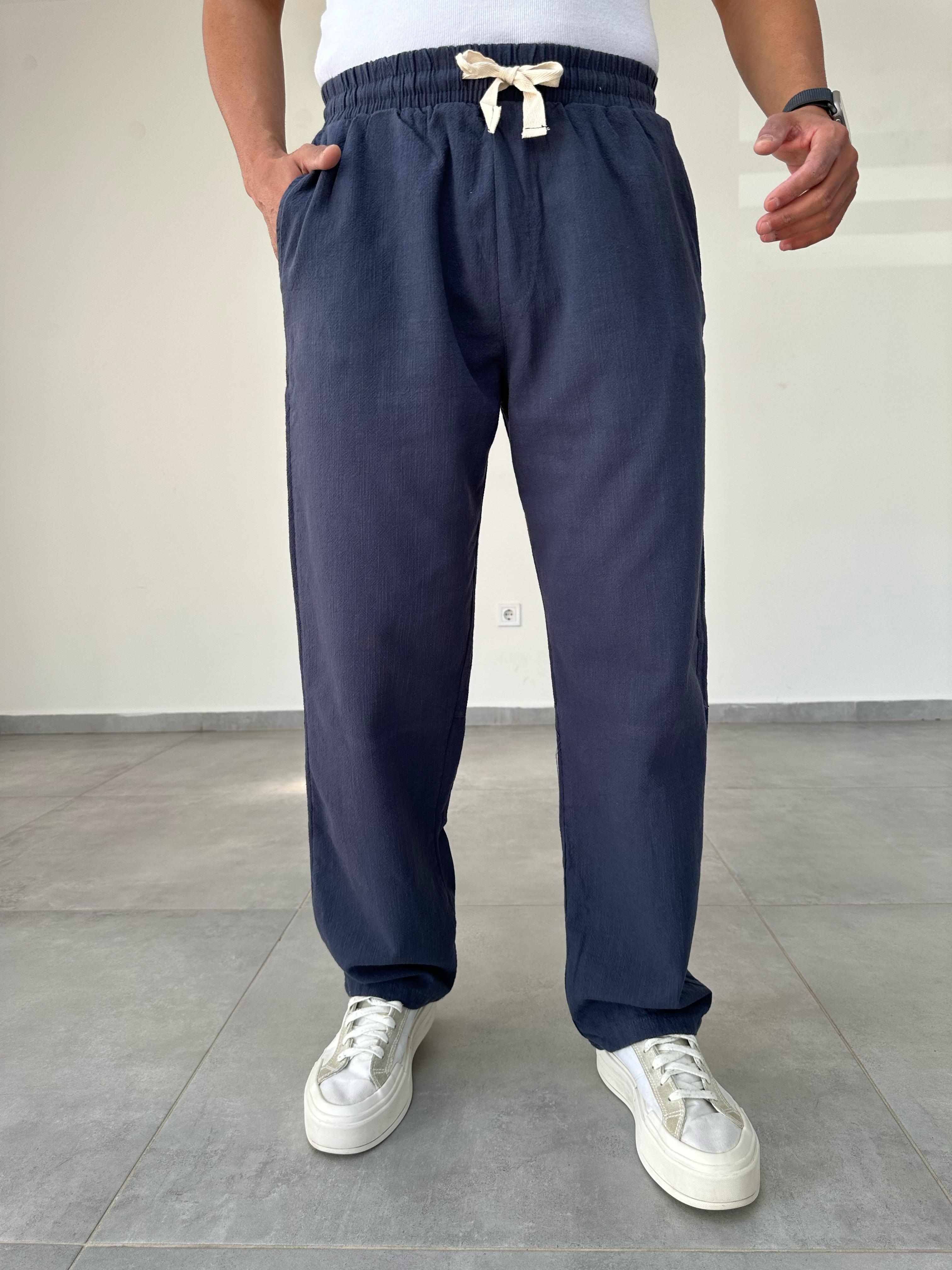 Lacivert Renk Nakış Detaylı Ham Keten Baggy Pantolon