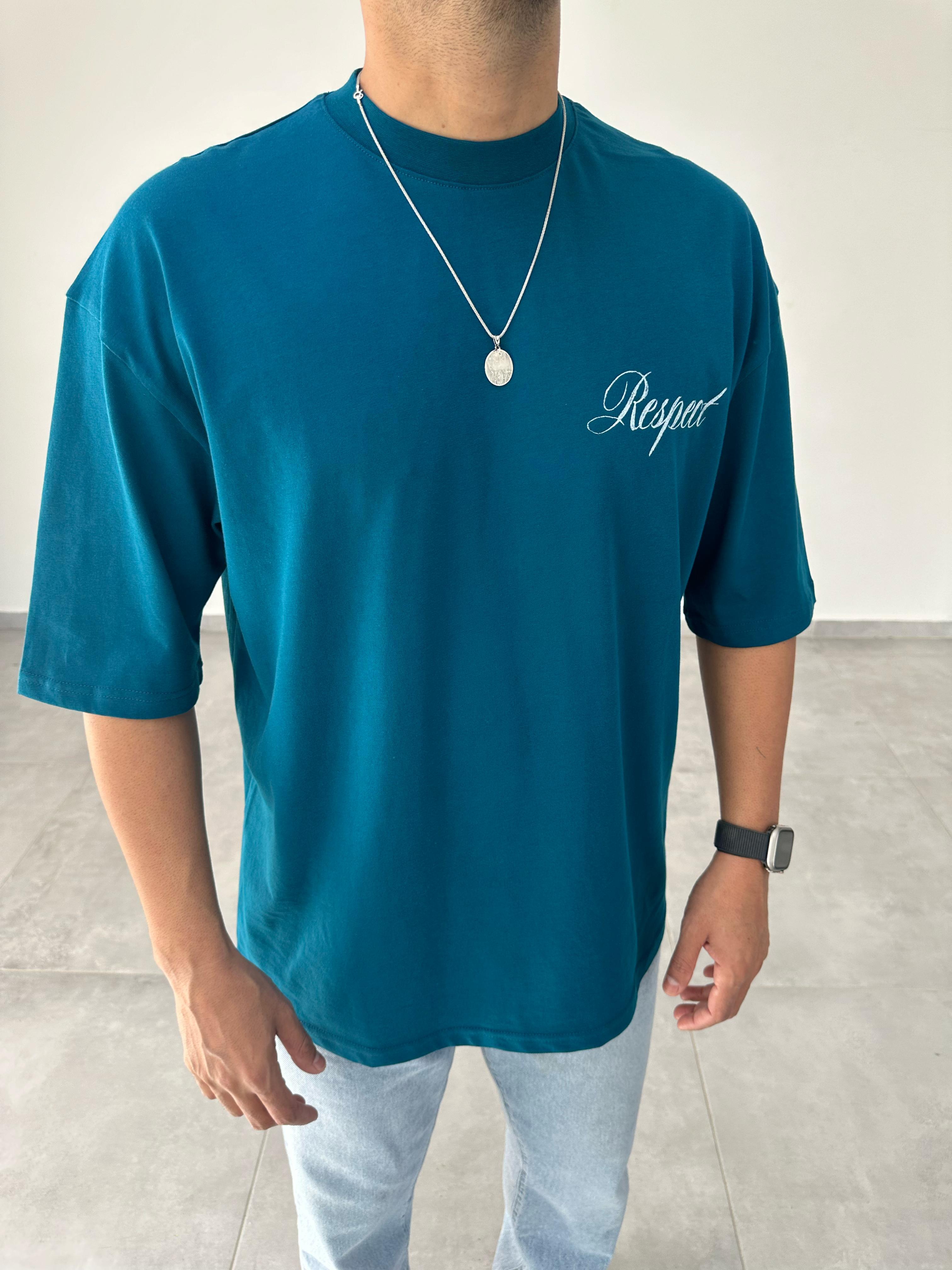 Petrol Yeşili Respective Baskılı Oversize T-Shirt