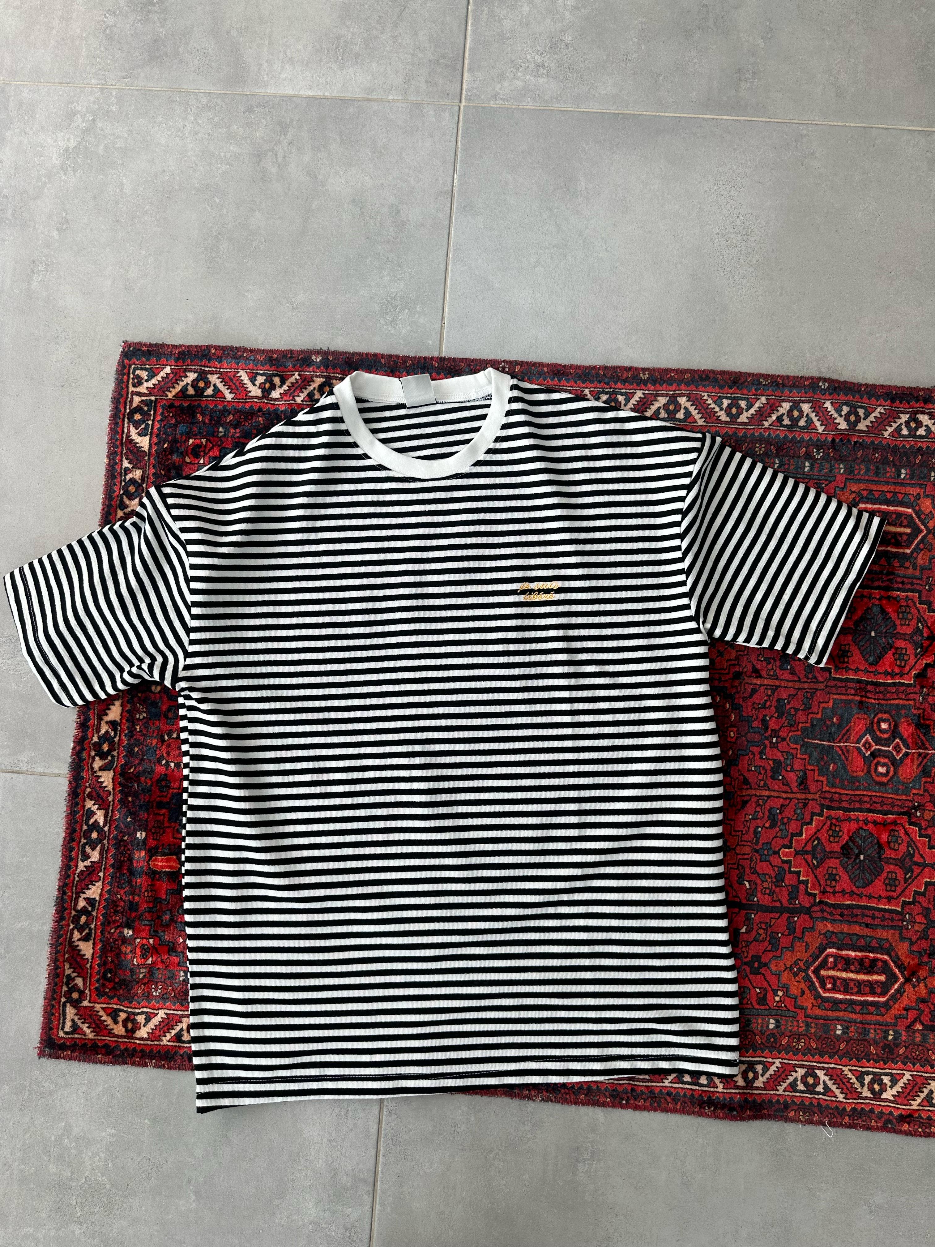 Siyah Beyaz Çizgili Je Suis Libere Nakış Detaylı T-Shirt