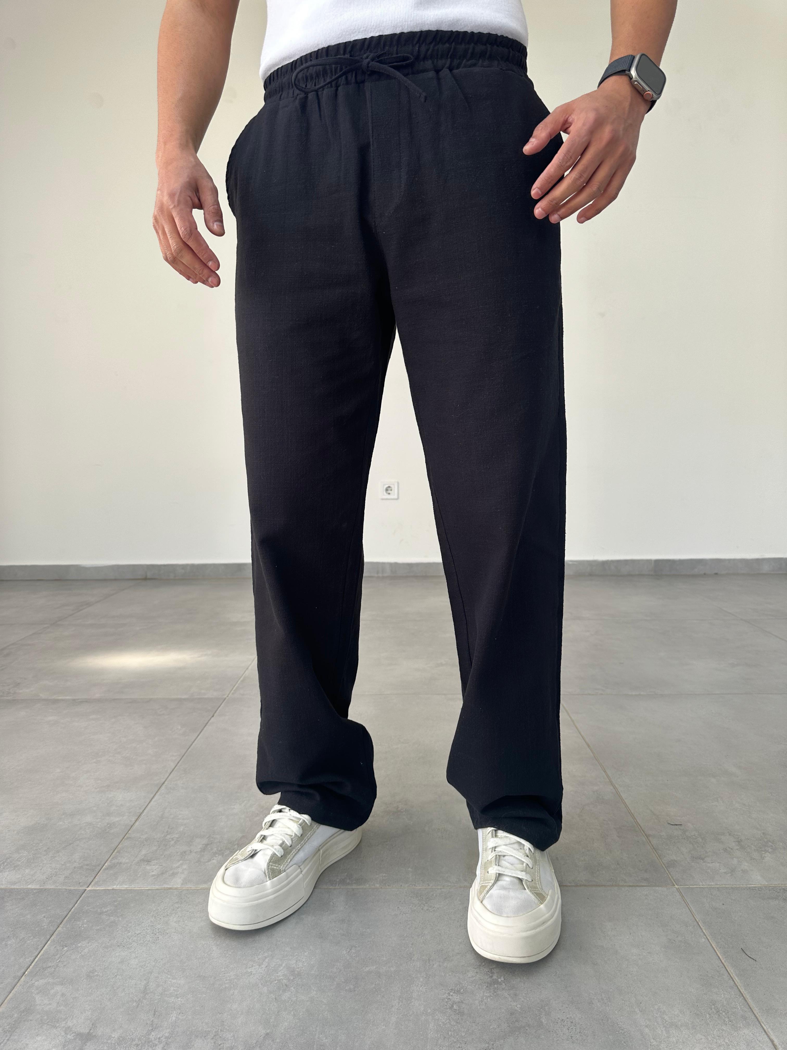Siyah Renk Bel Kısmı Lastikli Baggy Keten Pantolon