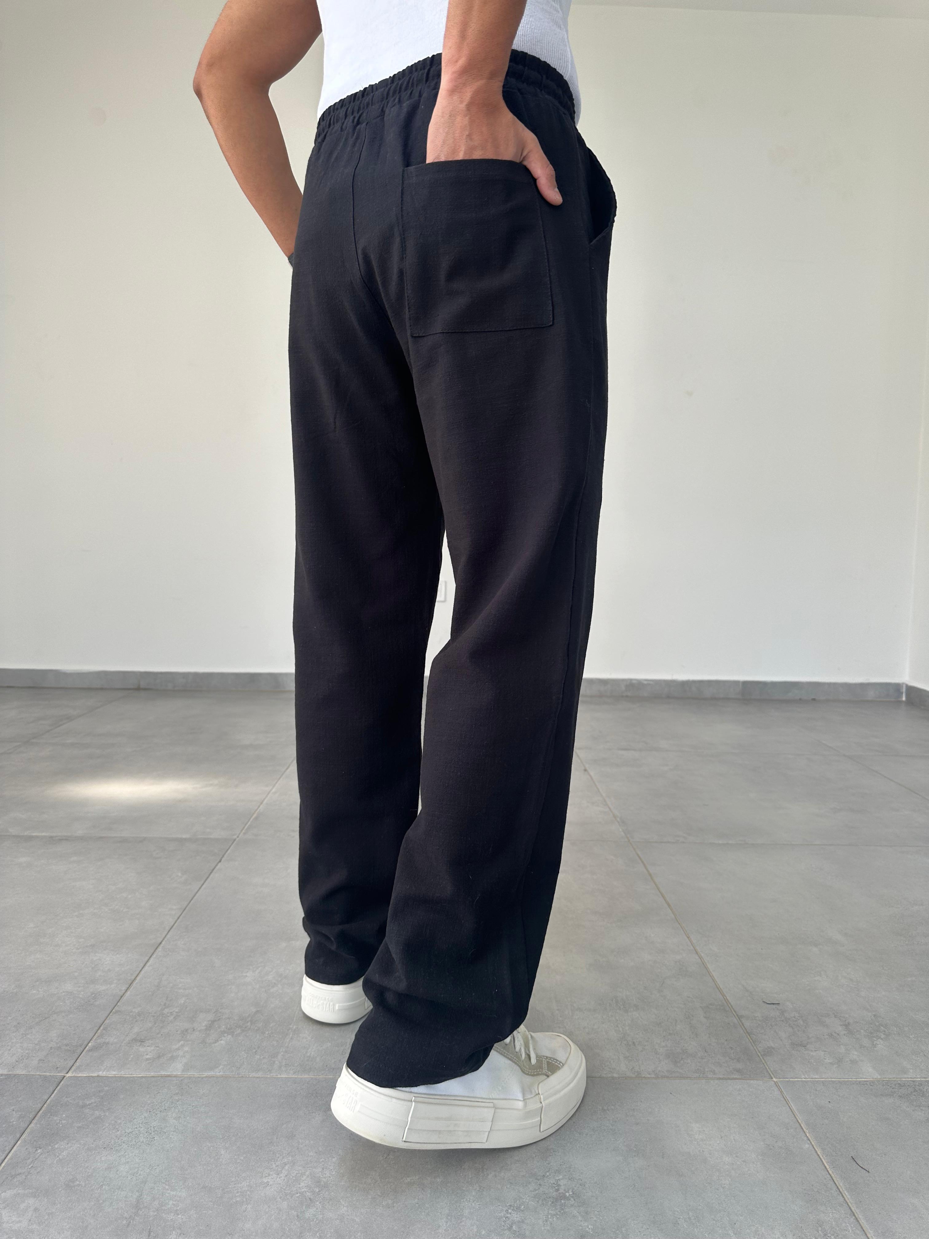 Siyah Renk Bel Kısmı Lastikli Baggy Keten Pantolon