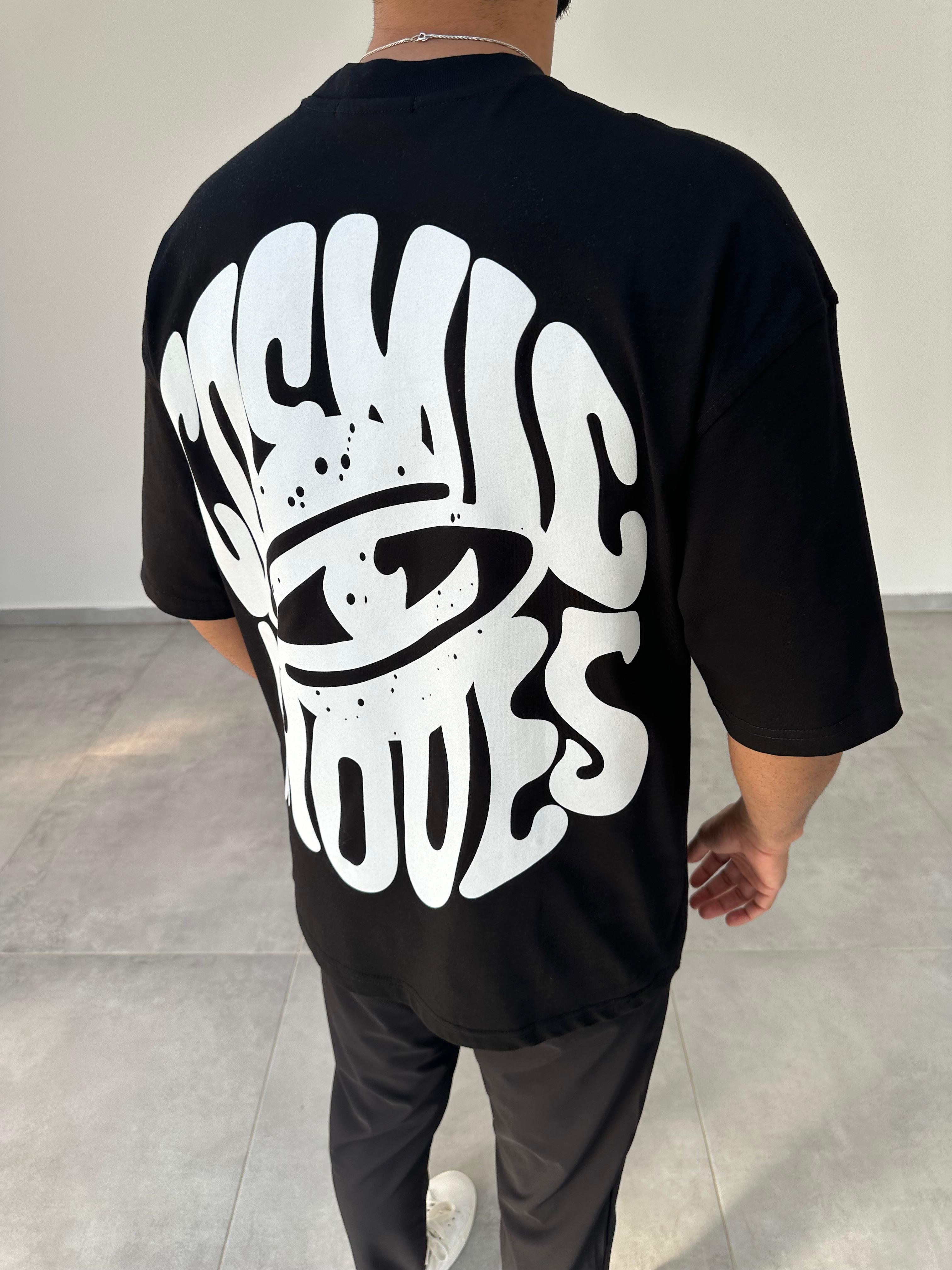 Siyah Renk Cosmic Baskılı Oversize T-Shirt