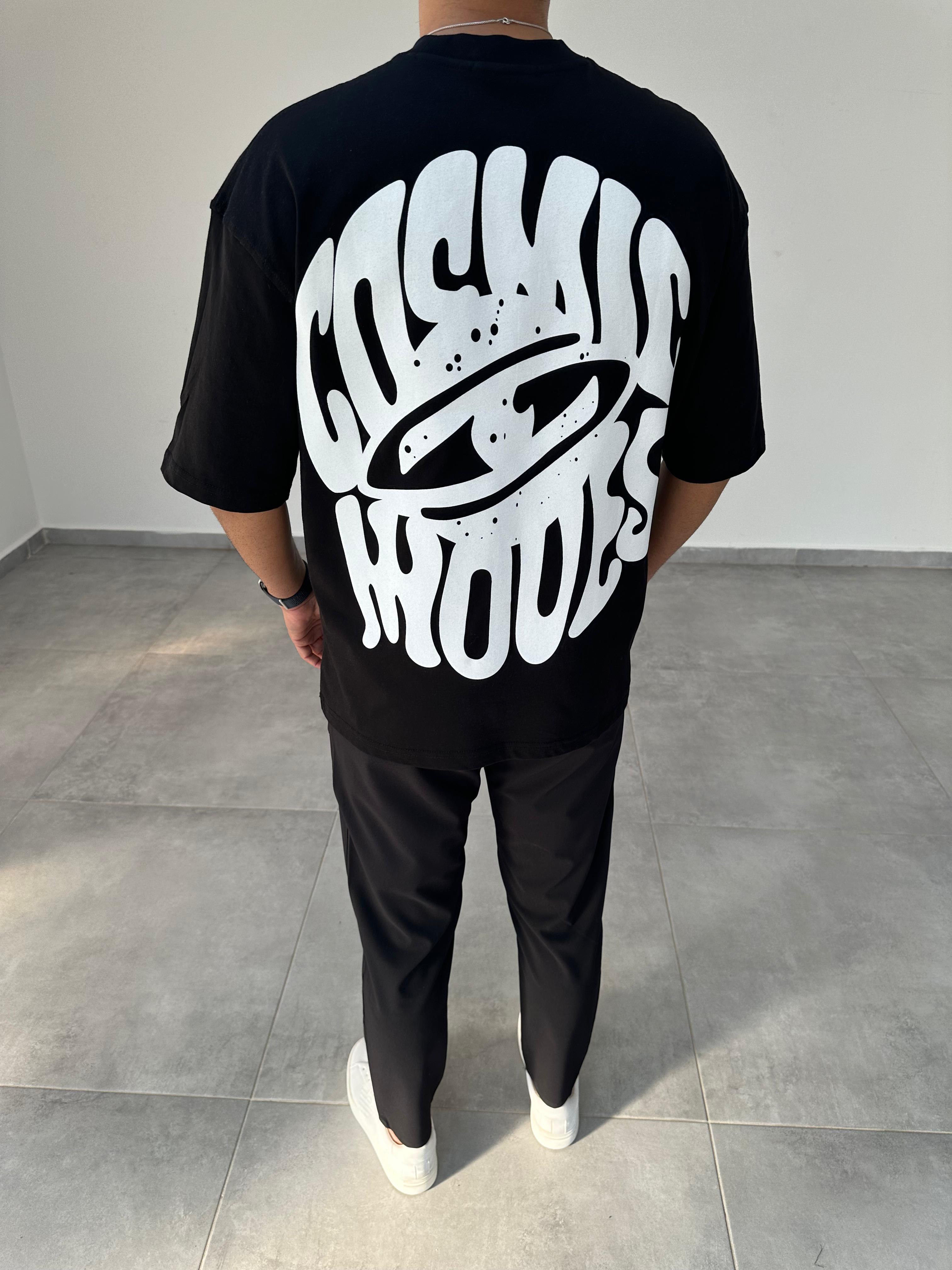 Siyah Renk Cosmic Baskılı Oversize T-Shirt