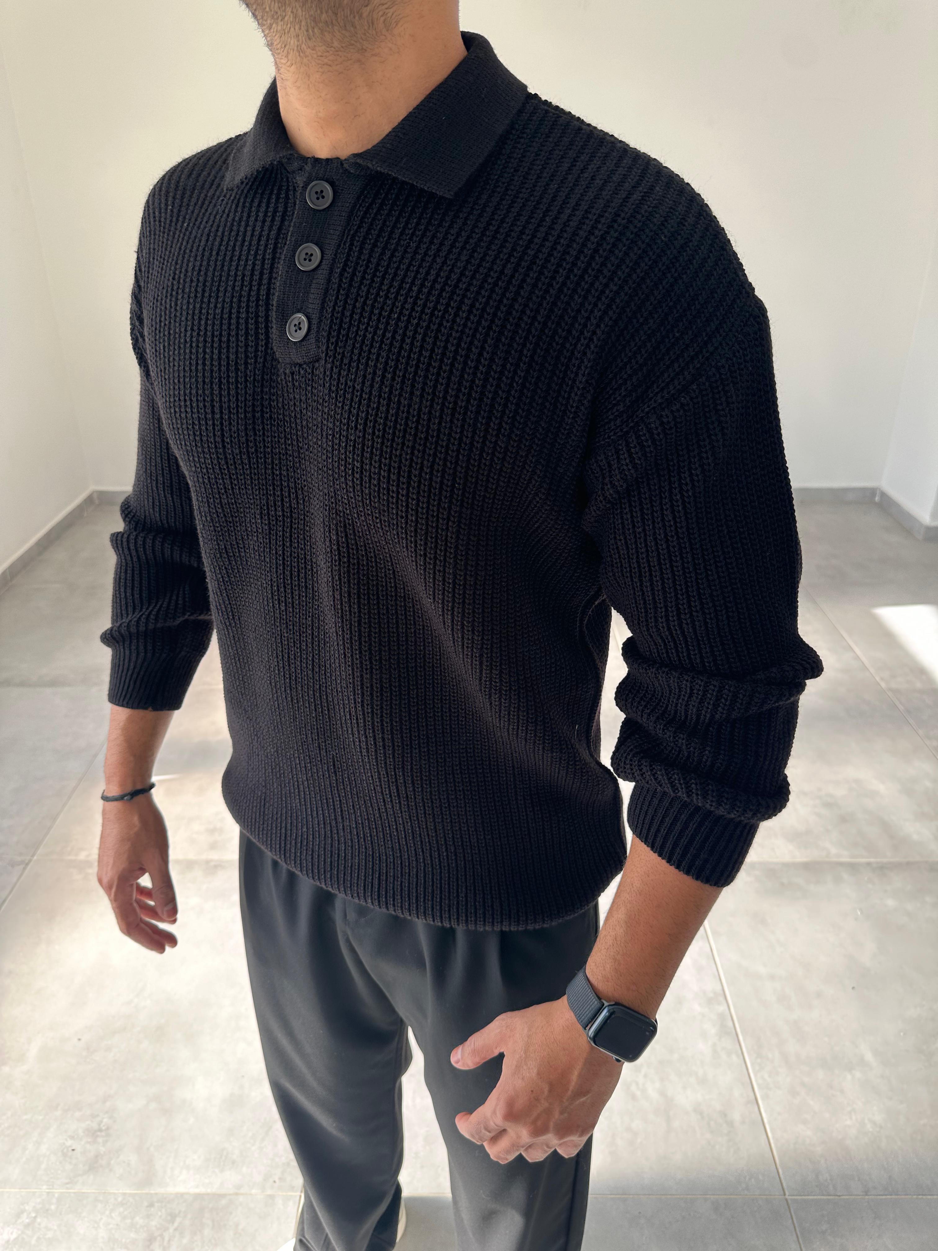 Siyah Renk Düğmeli Polo Yaka Oversize Örme Kazak