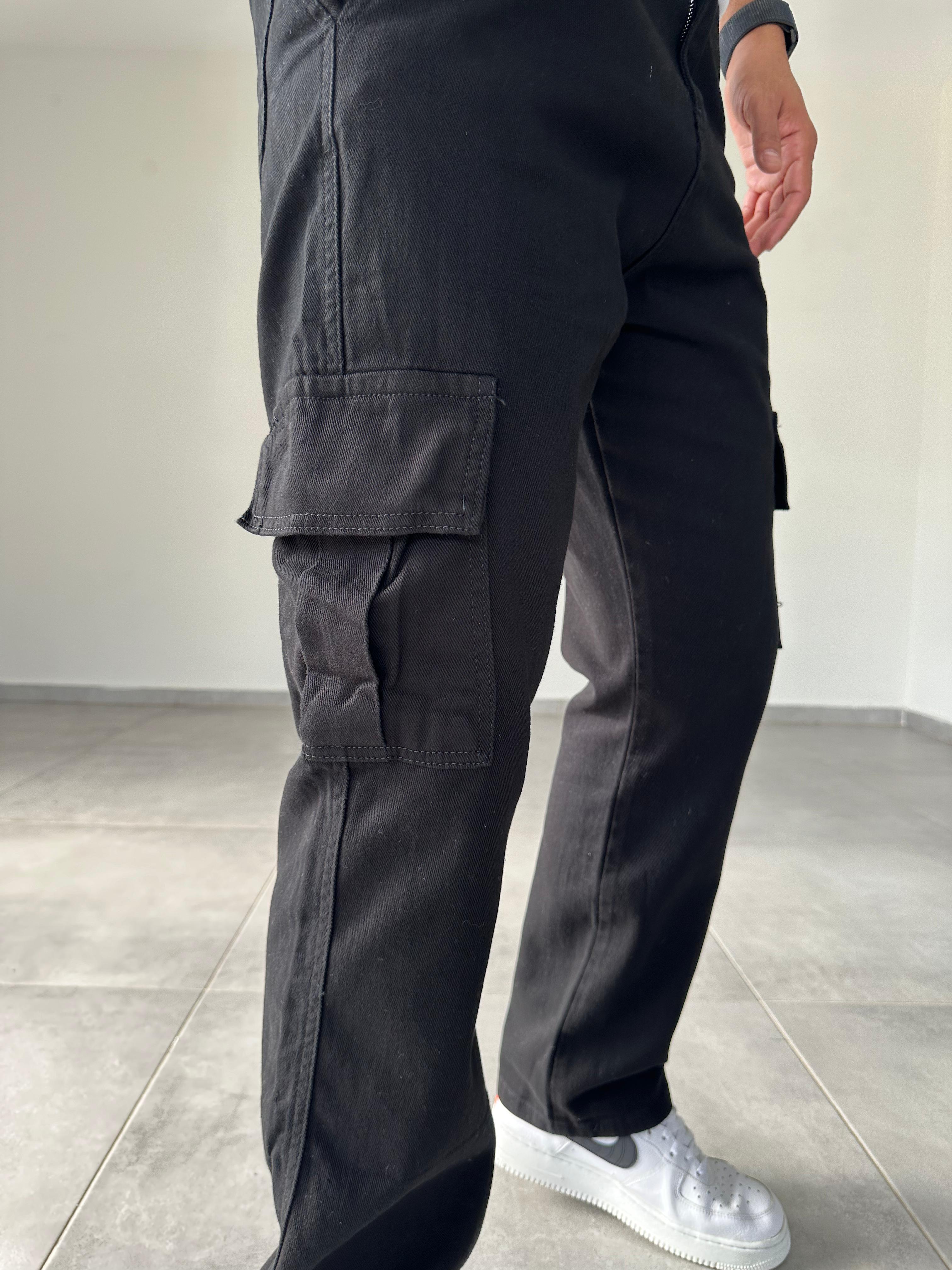 Siyah Renk Gabardin Kargo  Baggy Pantolon