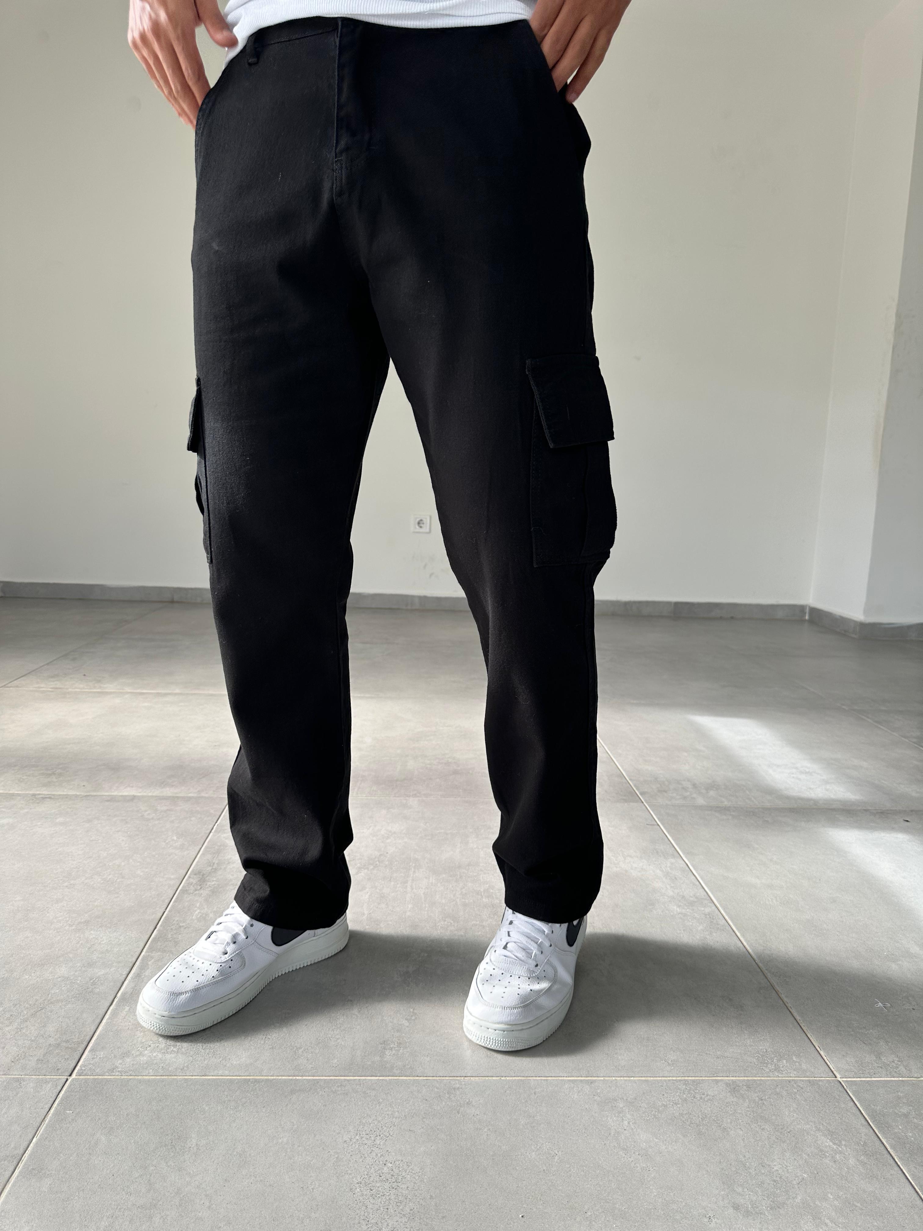 Siyah Renk Gabardin Kargo  Baggy Pantolon