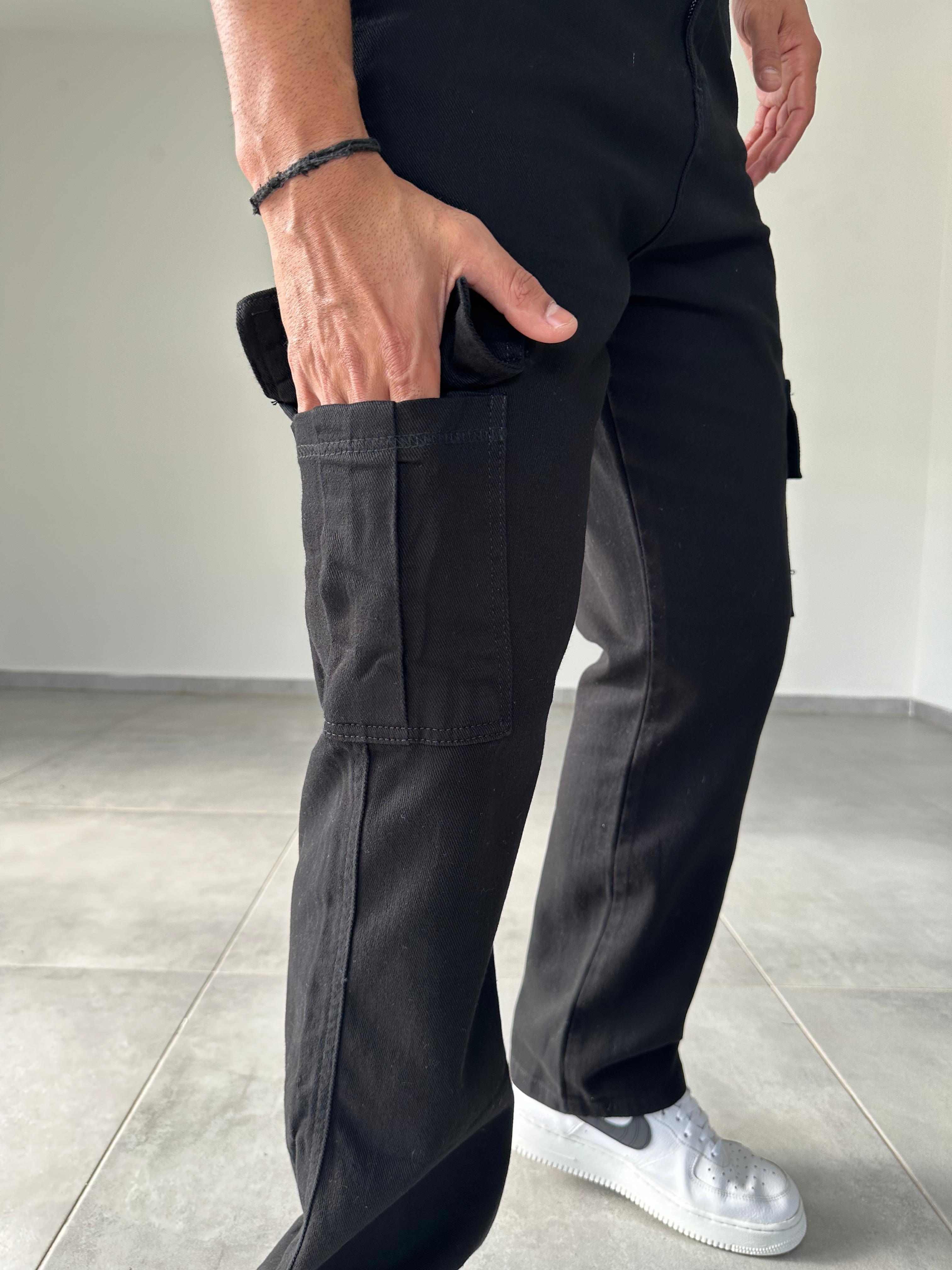 Siyah Renk Gabardin Kargo  Baggy Pantolon
