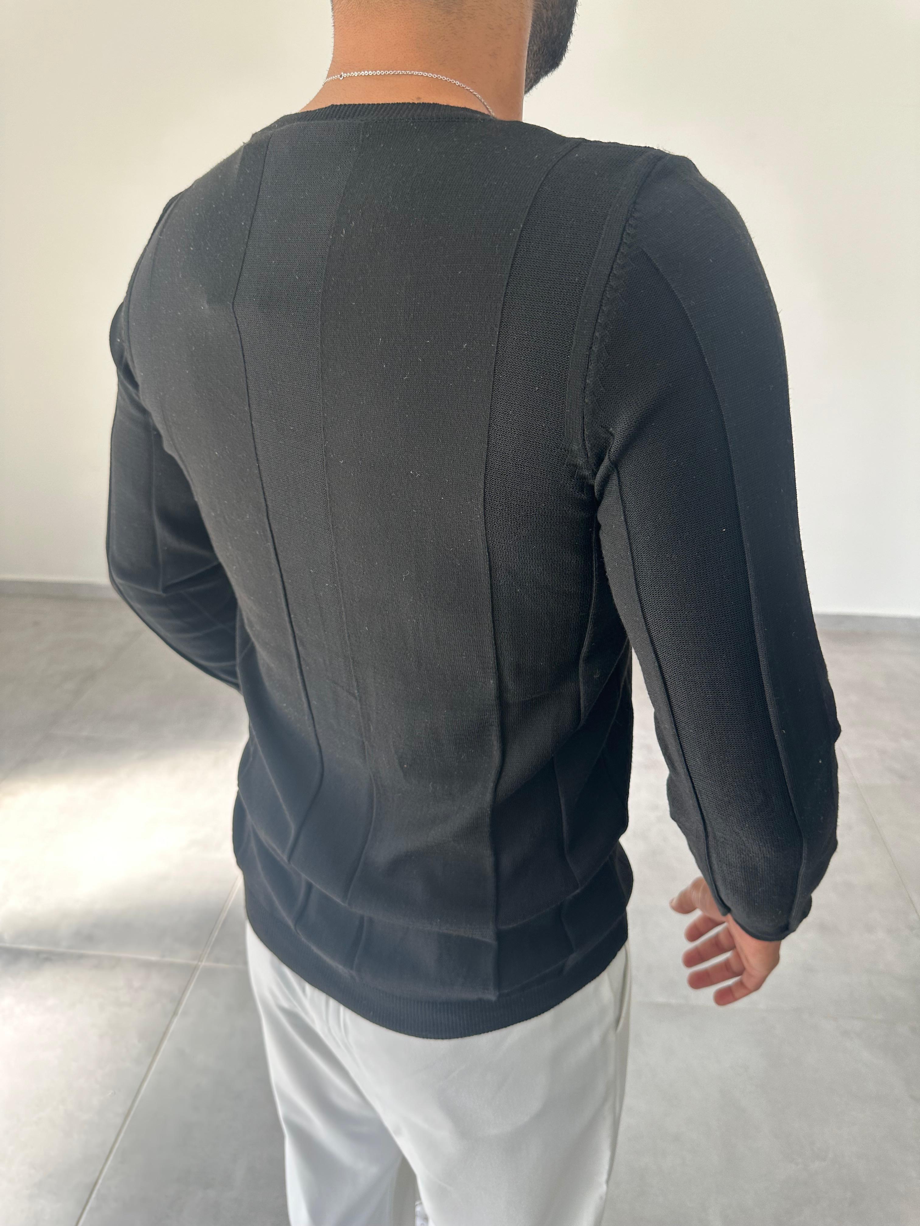 Siyah Renk Kalın Fitil Detaylı Uzun Kollu Basic Triko
