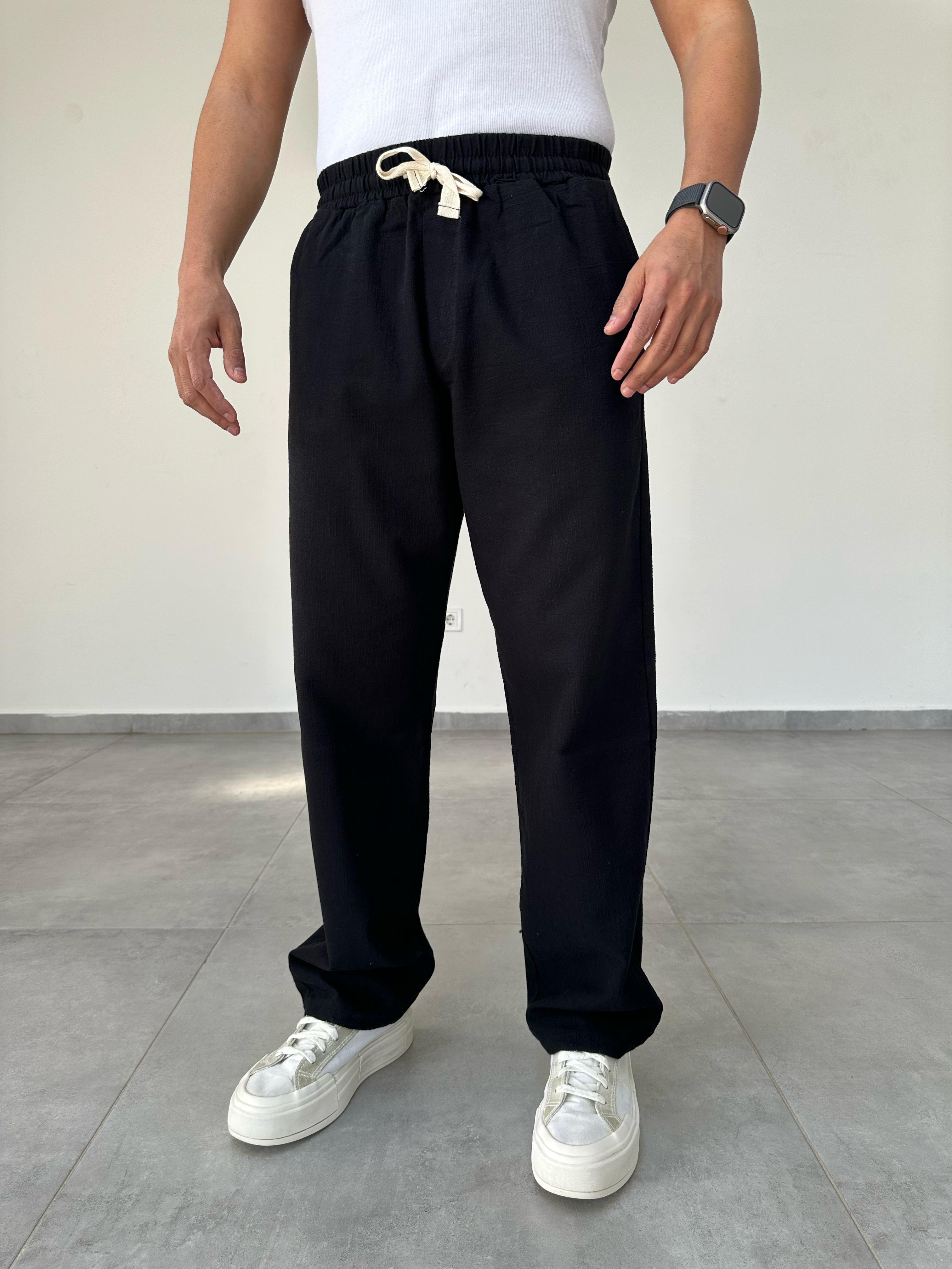Siyah Renk Nakış Detaylı Ham Keten Baggy Pantolon