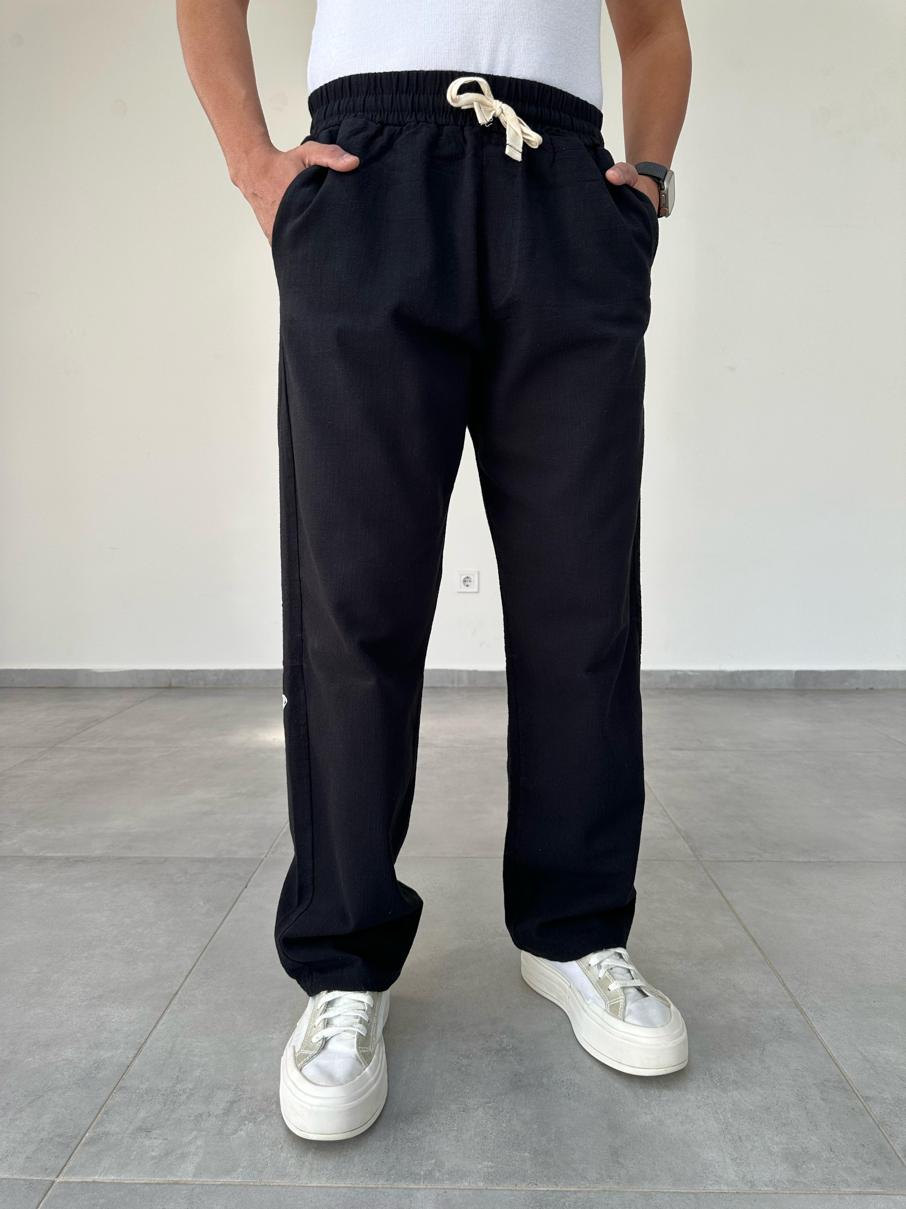 Siyah Renk Nakış Detaylı Ham Keten Baggy Pantolon