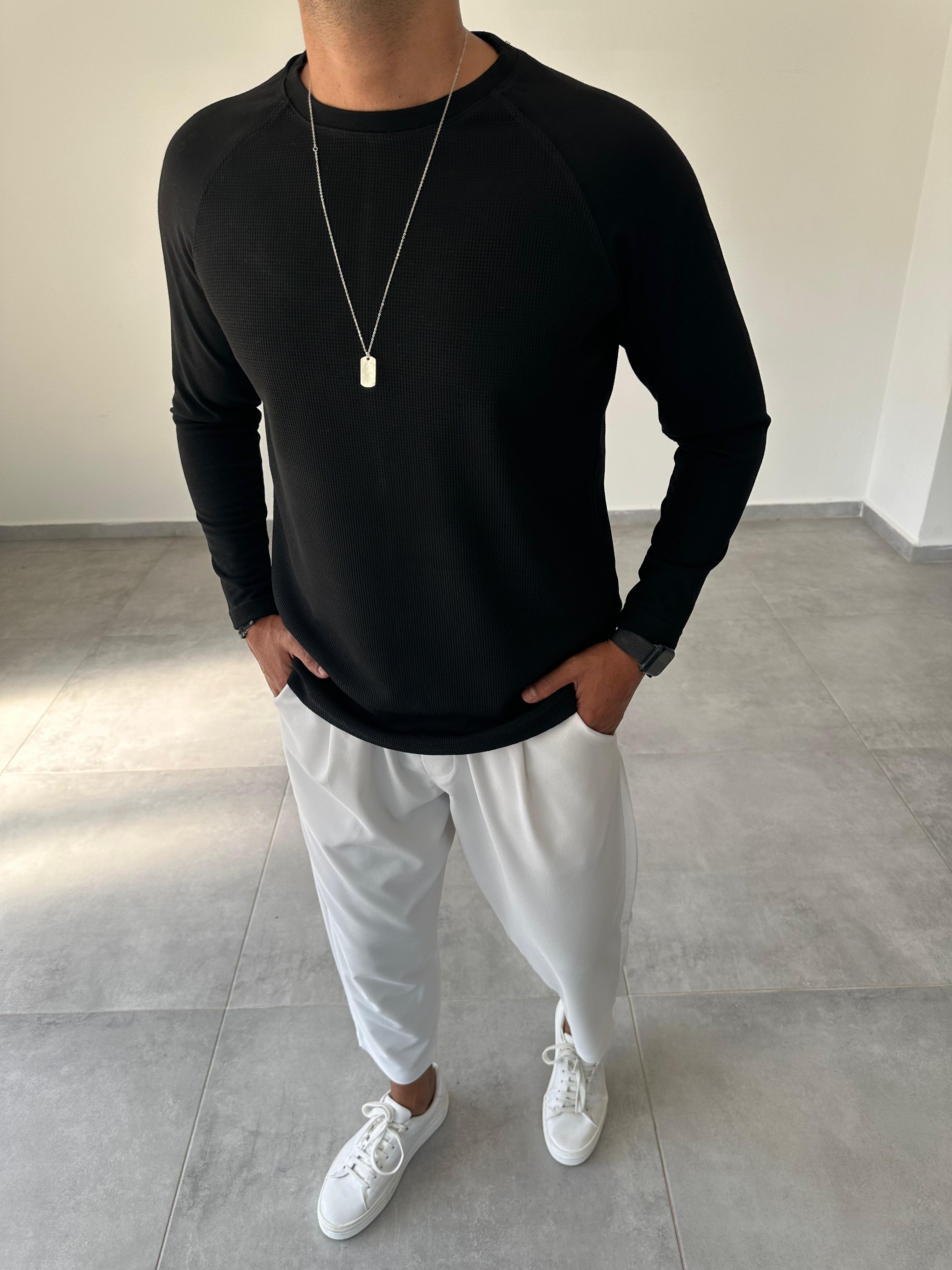 Siyah Renk Waffle Kumaş Reglan Kol Sweatshirt