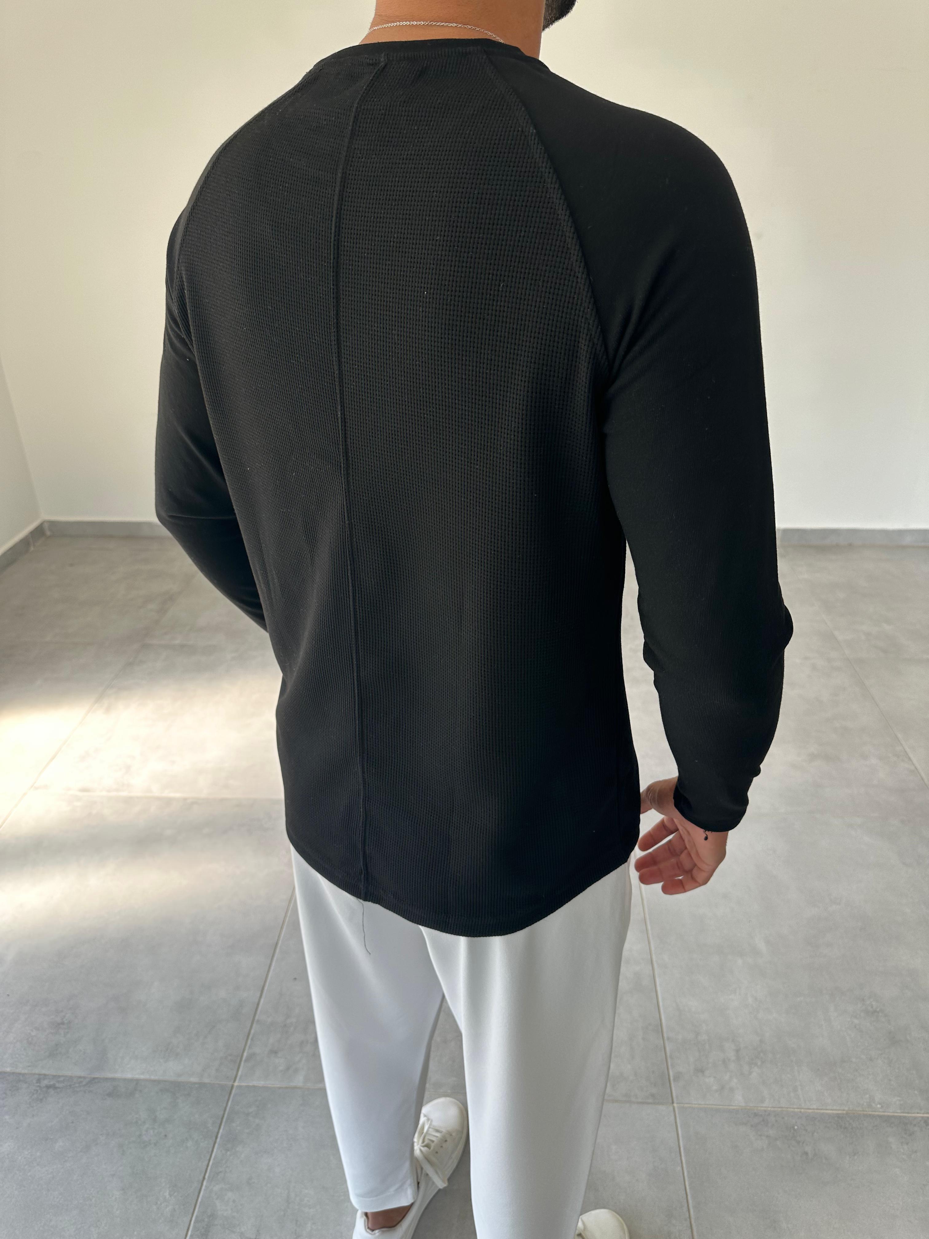 Siyah Renk Waffle Kumaş Reglan Kol Sweatshirt