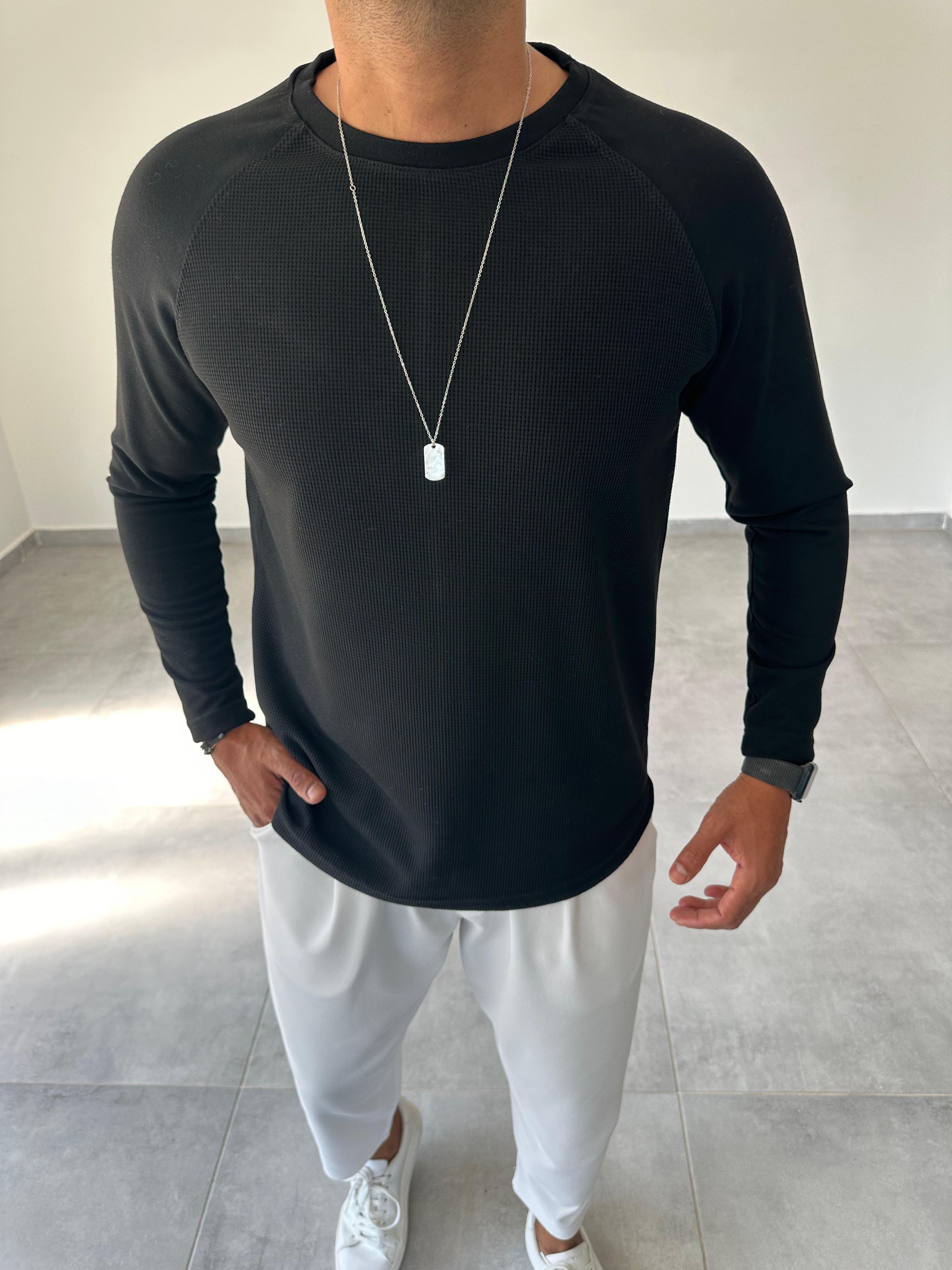 Siyah Renk Waffle Kumaş Reglan Kol Sweatshirt