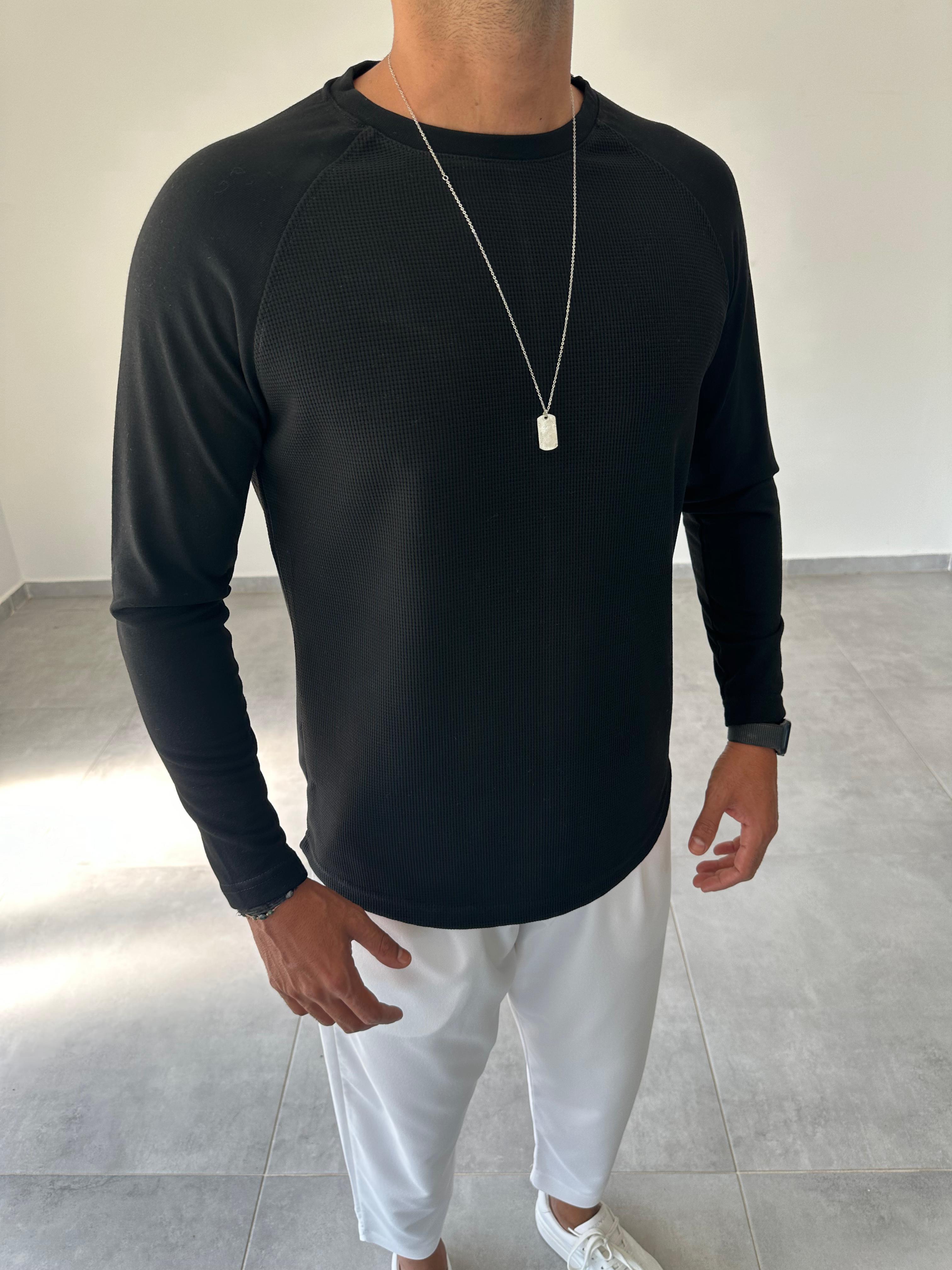 Siyah Renk Waffle Kumaş Reglan Kol Sweatshirt