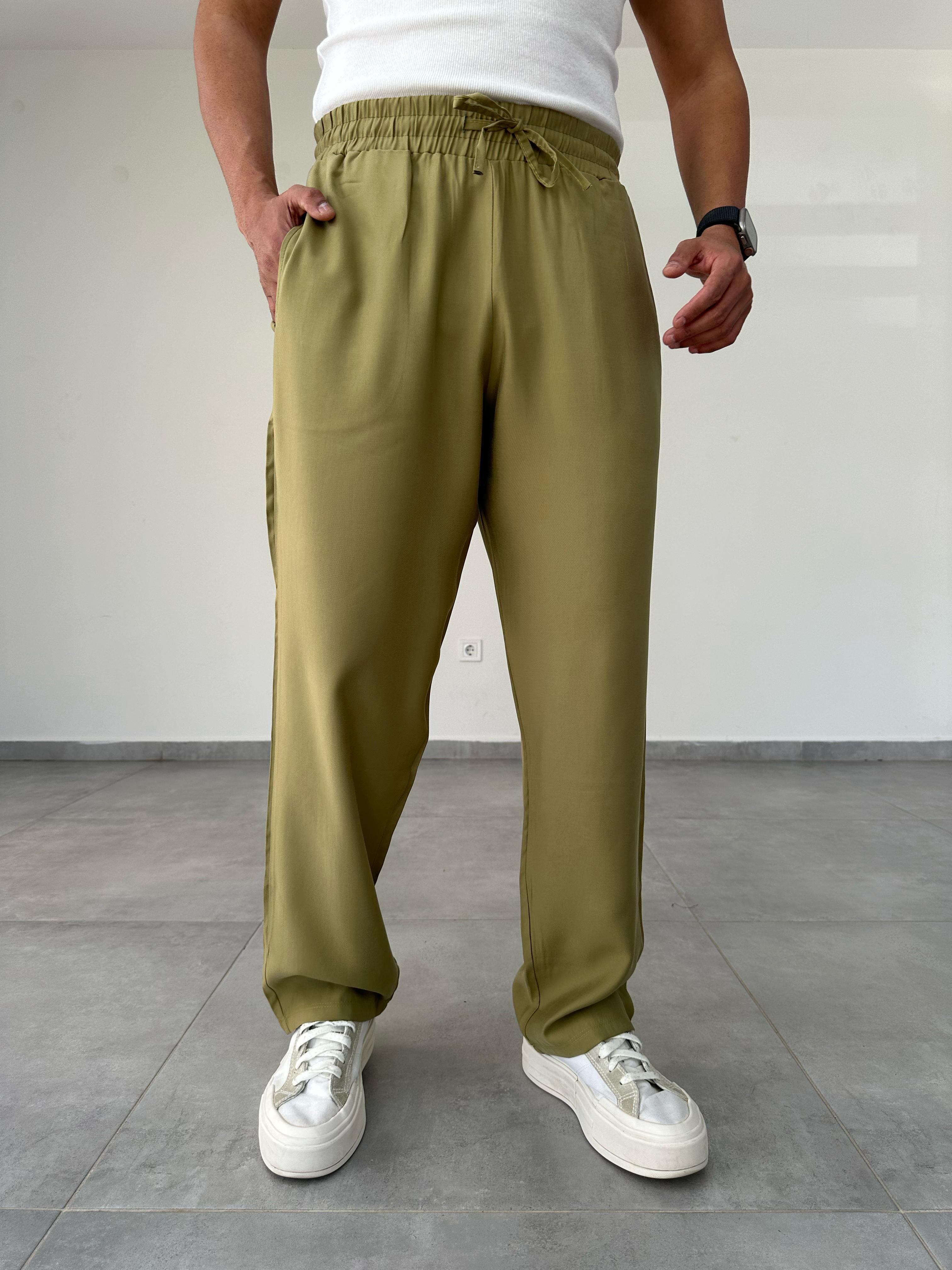Tensel Kumaş Yağ Yeşili Renk Baggy Pantolon