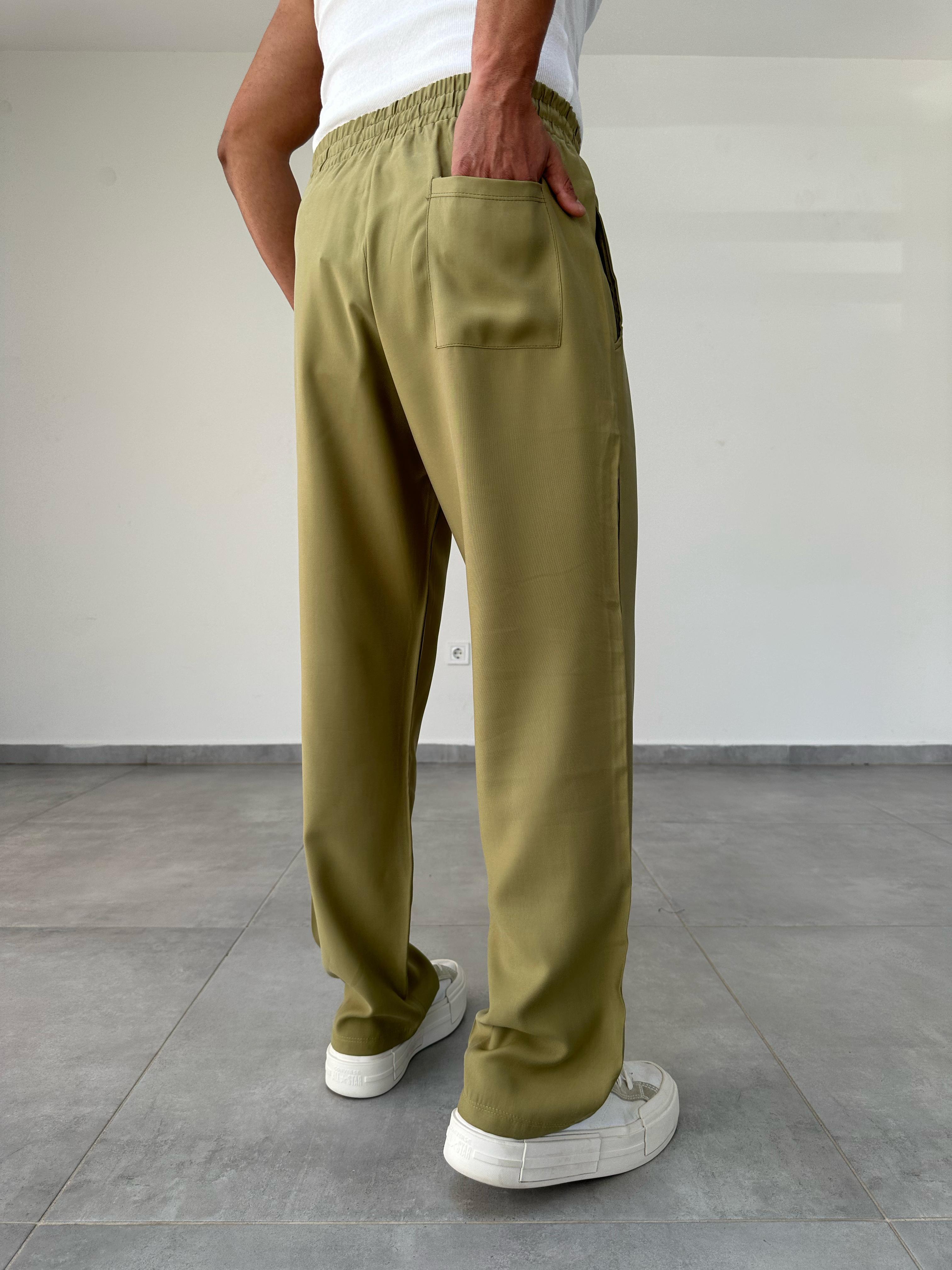 Tensel Kumaş Yağ Yeşili Renk Baggy Pantolon