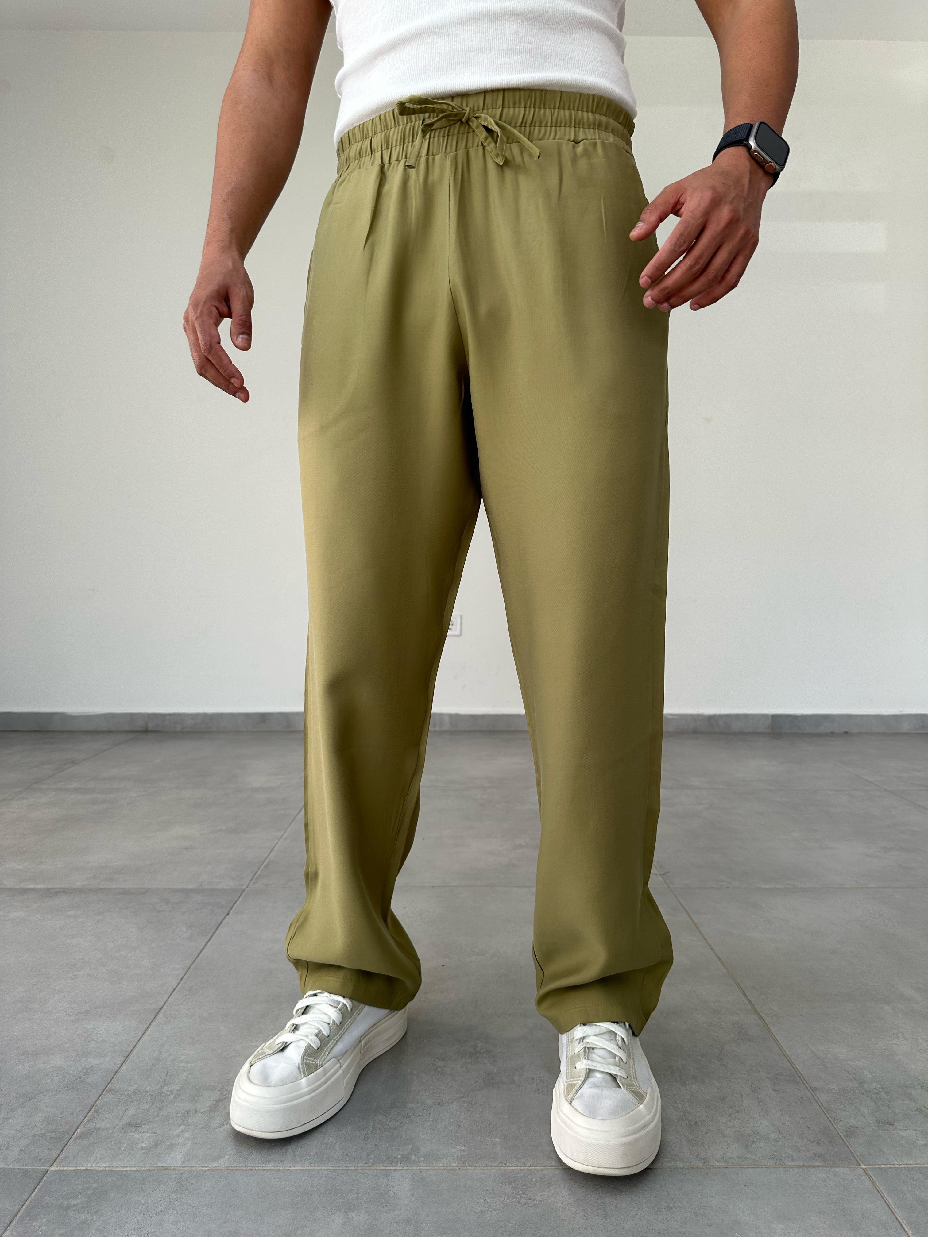 Tensel Kumaş Yağ Yeşili Renk Baggy Pantolon