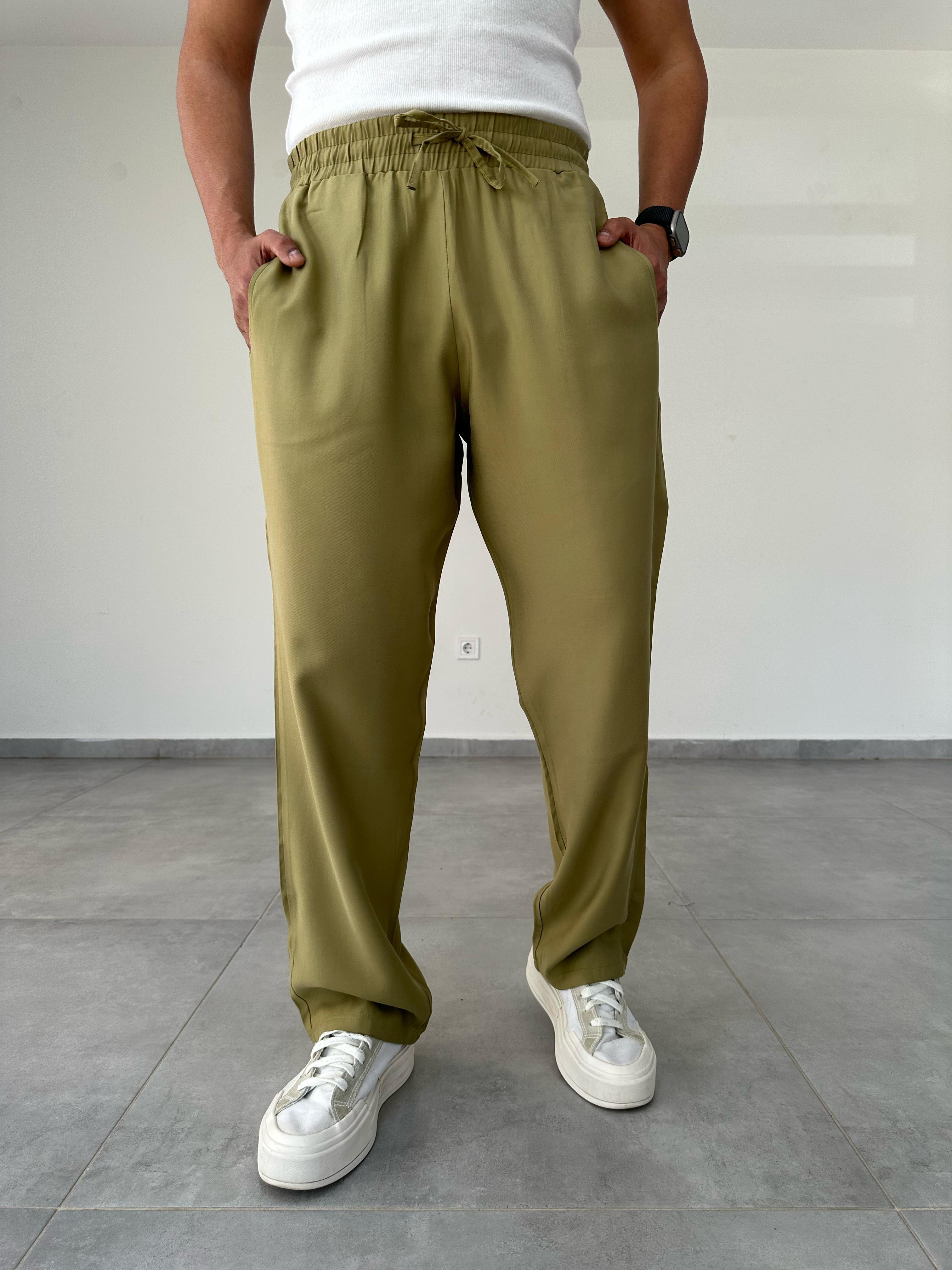 Tensel Kumaş Yağ Yeşili Renk Baggy Pantolon