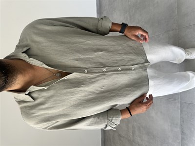 Ham Keten Oversize Kesim Haki Yeşil Renk Premium Keten Gömlek