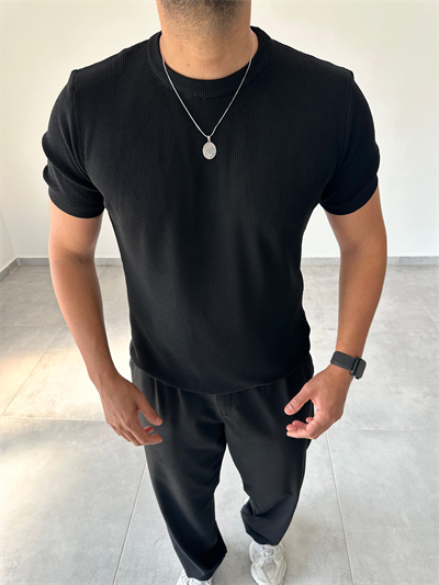 Siyah Renk Selanik Örme Regular Fit T-Shirt