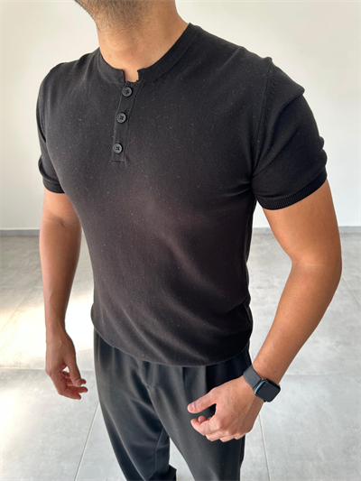 Düğme Detaylı Siyah Renk  Premium Kalite Basic Triko T-Shirt