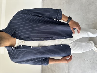 Lacivert Renk Çizgili Oversize Keten Gömlek