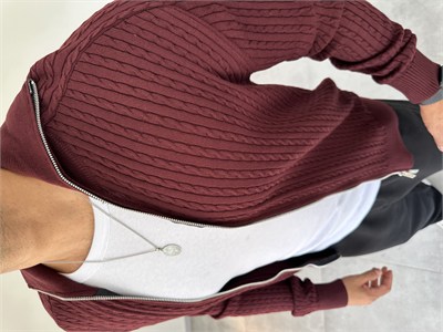 Bordo Renk Çift Fermuarlı Örgü Desenli Triko Ceket