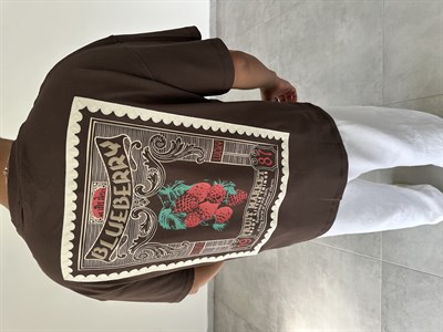 Kahve Renk Blueberry Nakış Ve Baskı Detaylı Oversize T-Shirt