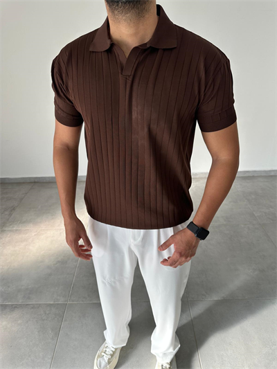 Kahve Renk Şerit Detaylı Polo Yaka T-Shirt