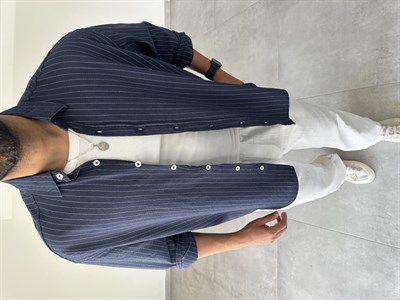 Lacivert Renk Çizgili Oversize Keten Gömlek