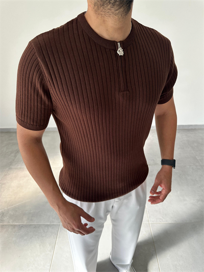 Kahve Renk Fermuar Detaylı Premium Kalite Basic Triko T-Shirt