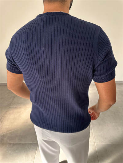 Lacivert Renk Fermuar Detaylı Premium Kalite Basic Triko T-Shirt