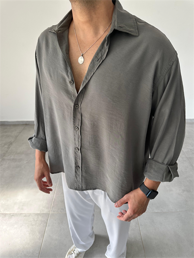 Haki Yeşil Renk Modal Kumaş Oversize Kesim Basic Gömlek