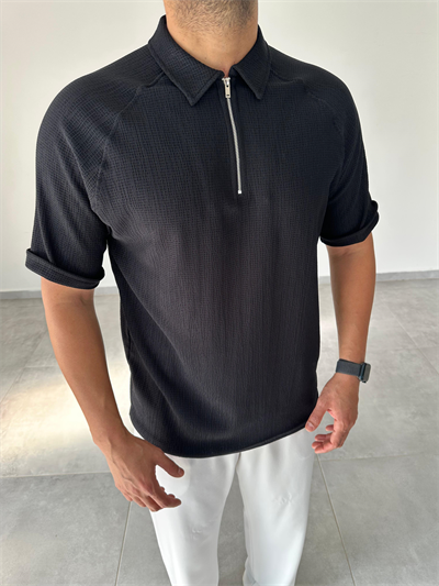 Siyah Renk Fermuarlı Polo Yaka T-Shirt