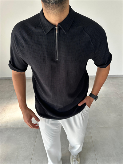 Siyah Renk Fermuarlı Polo Yaka T-Shirt